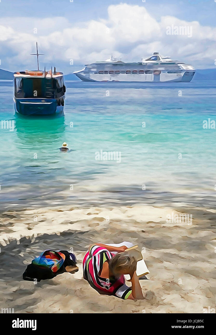 Des passagers de croisière sur la plage de l'île tropicale avec bateau de croisière dans l'arrière-plan.   Photo Art Peinture Banque D'Images