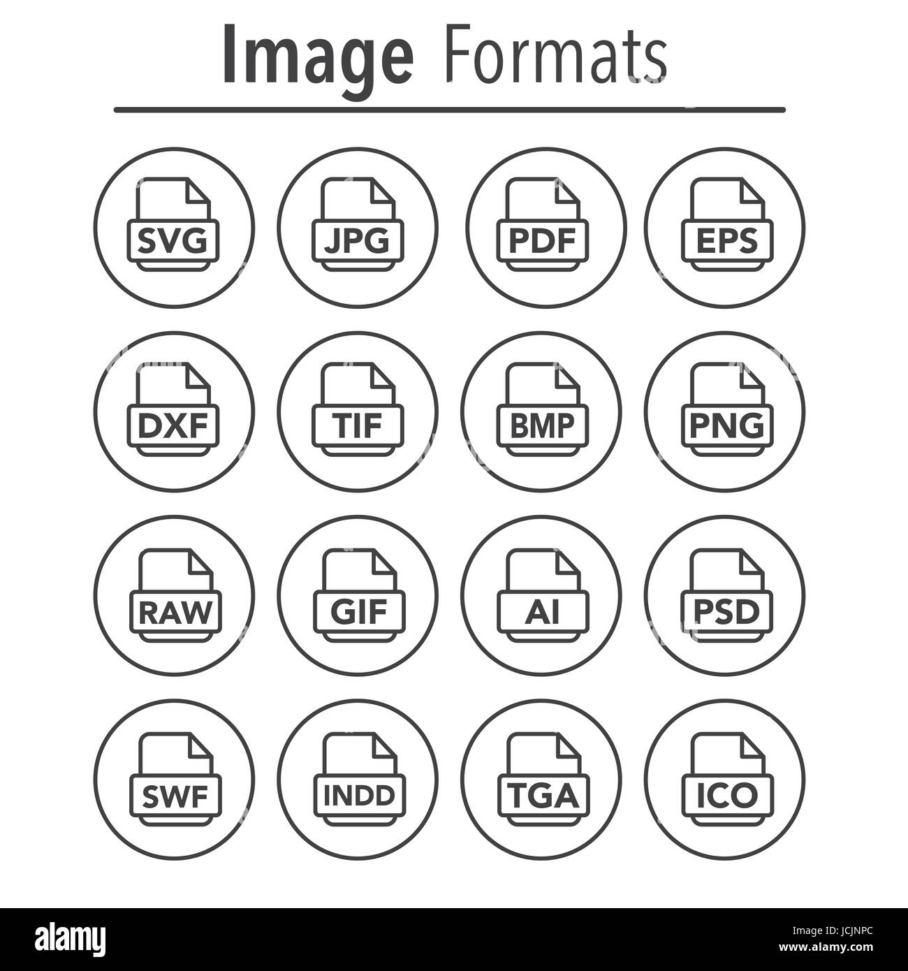 Icônes pour afficher différents formats, comme JPG, SVG, EPS, DXF, etc. Illustration de Vecteur