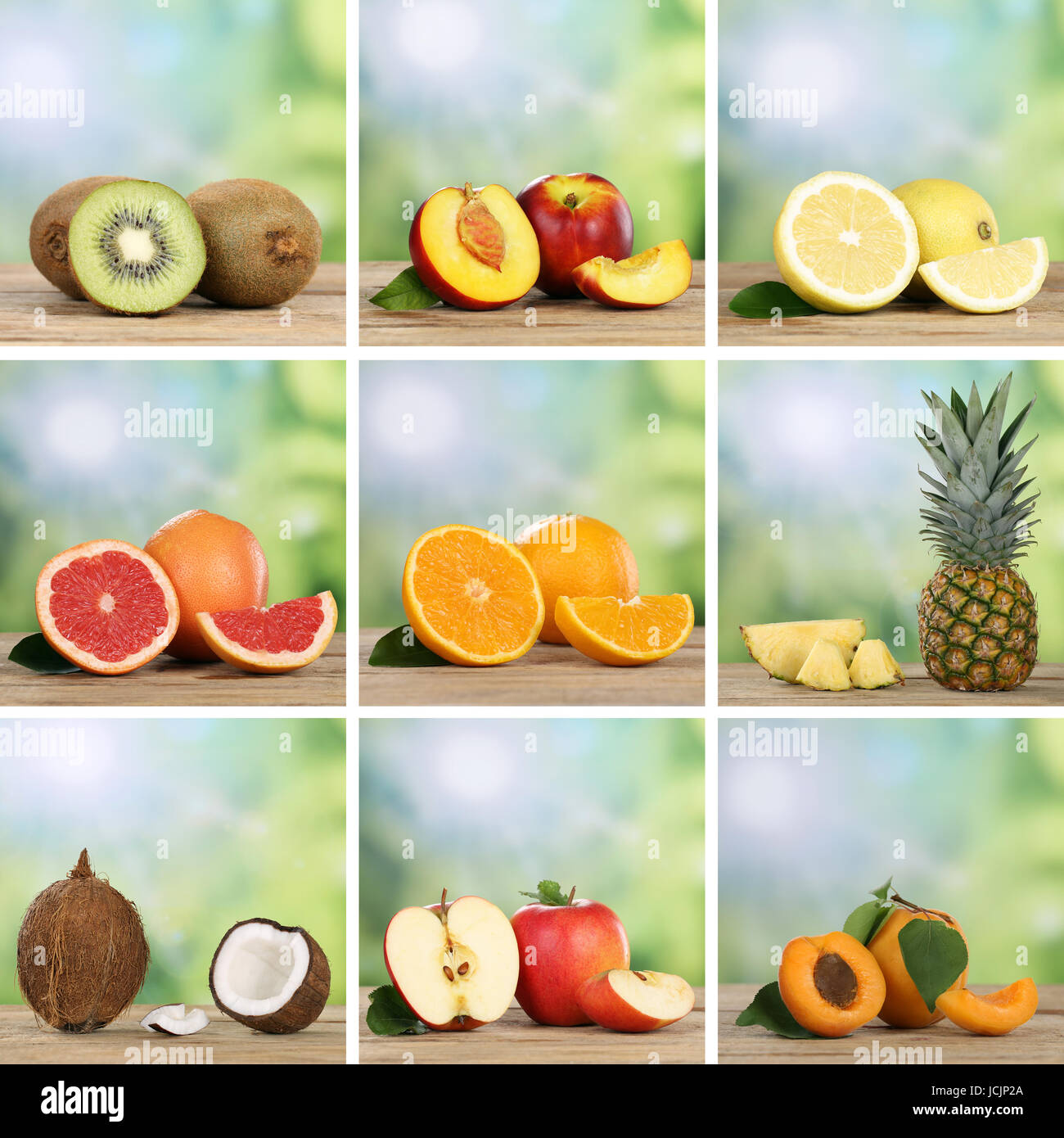 Collage mit Früchten wie Apfel, Orange, Ananas, Kokosnuss, Nektarine, Aprikose und Zitrone Banque D'Images