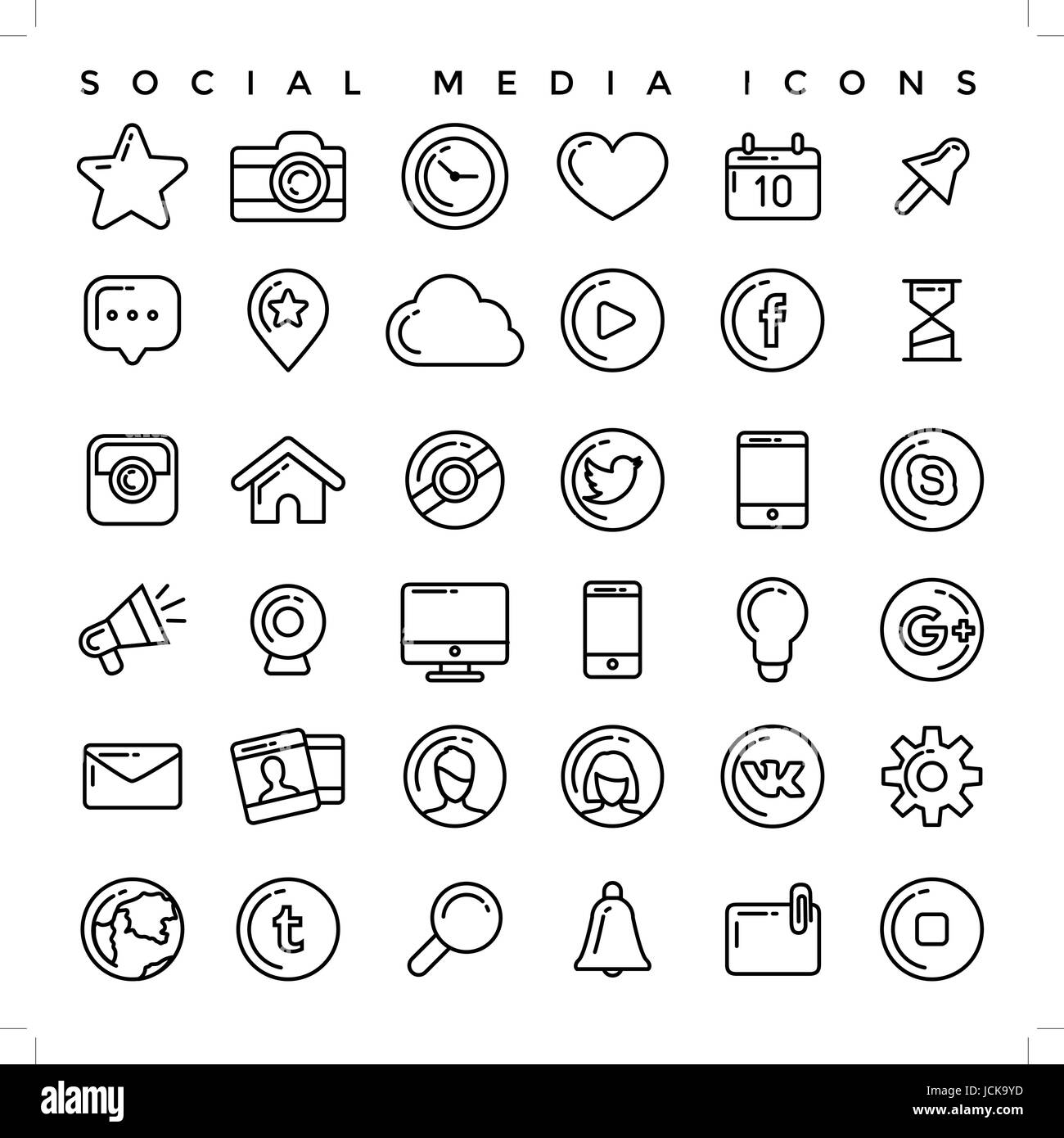 Icônes plates linéaires des médias sociaux, réseaux sociaux, mobile app, de partage, de communication et de commerce social. Illustration de Vecteur