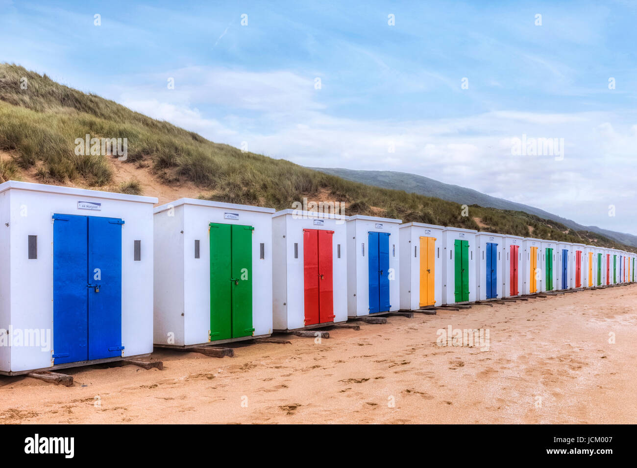 Plage de Woolacombe, cabines de plage, North Devon, England, UK Banque D'Images
