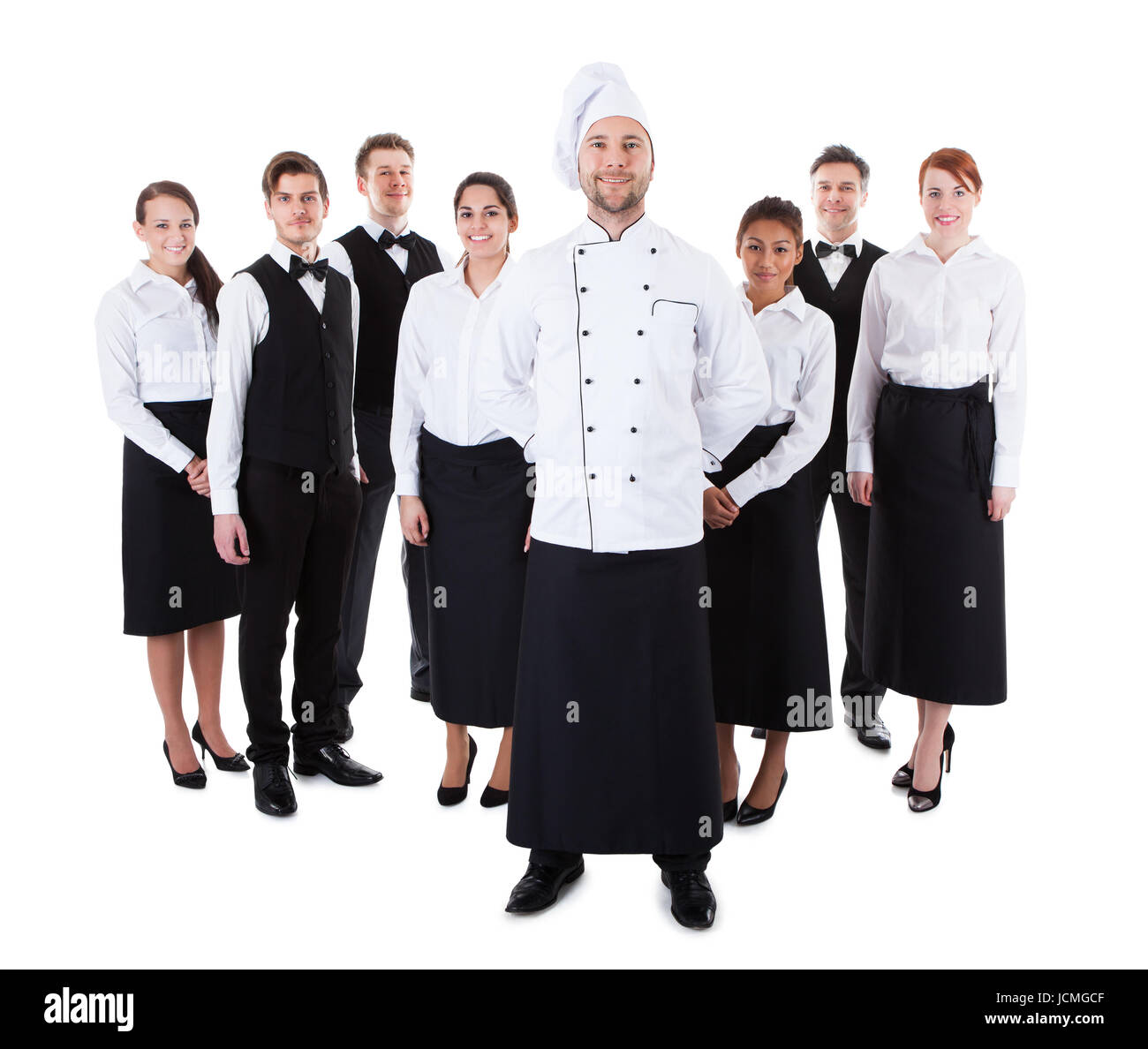 Chef standing en face de son équipe. Isolated on white Banque D'Images