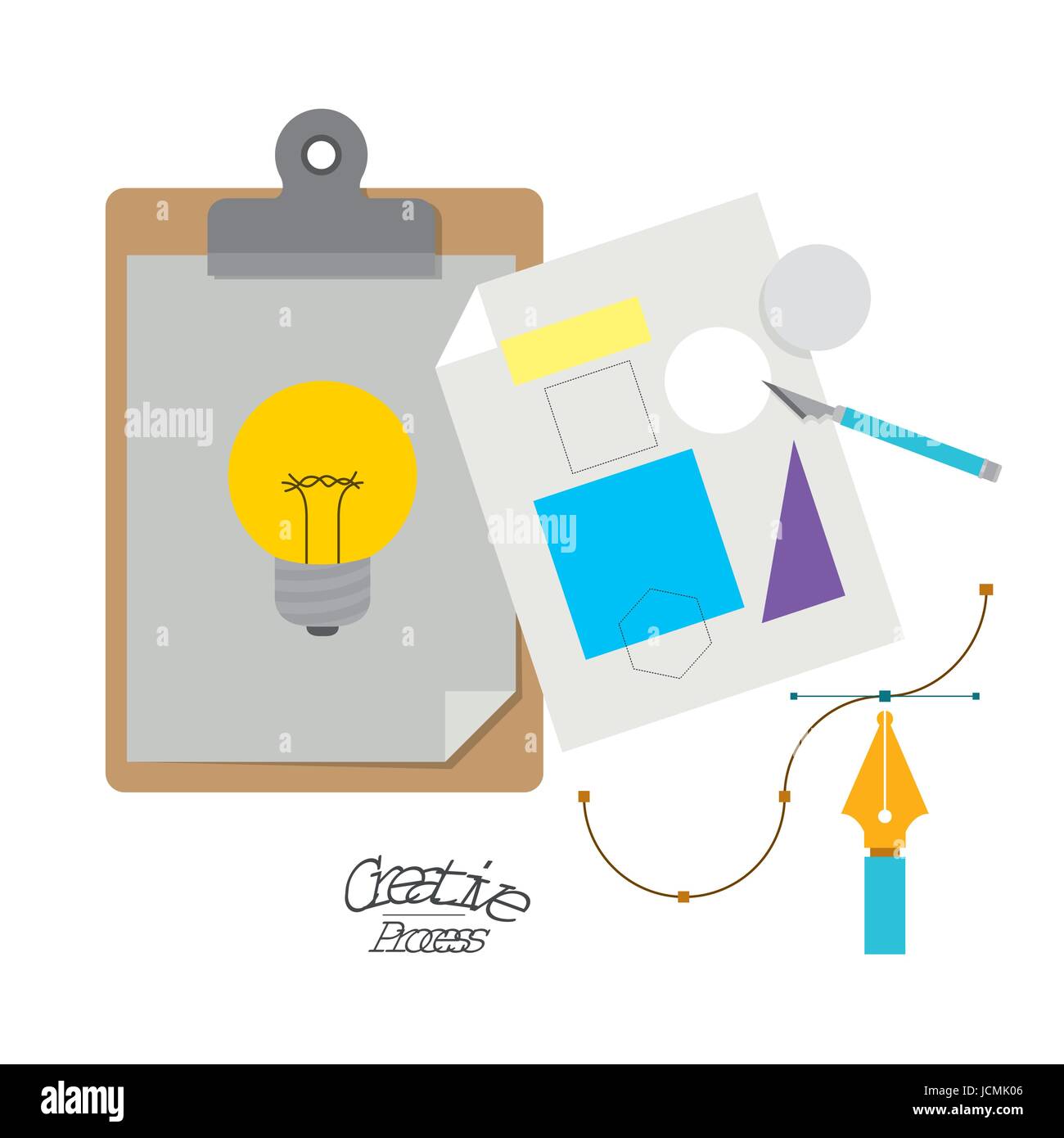 Arrière-plan coloré avec le bloc-notes Table graphique avec ampoule et feuille avec formes géométriques et scalpel processus créatif Illustration de Vecteur