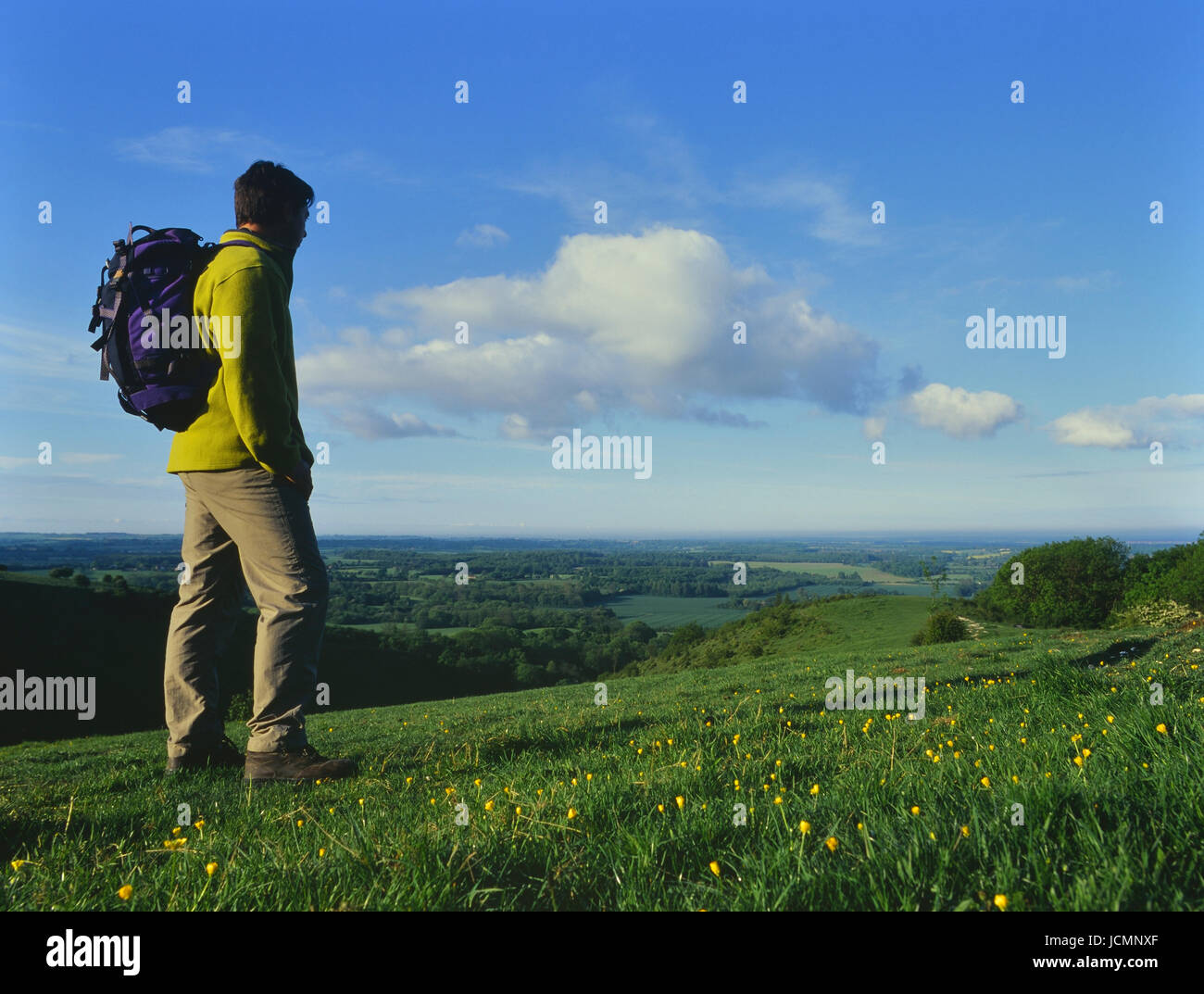 Male hiker marque une pause pour apprécier la vue du diable au creux de pétrissage, Wye Downs. Kent. L'Angleterre. UK Banque D'Images