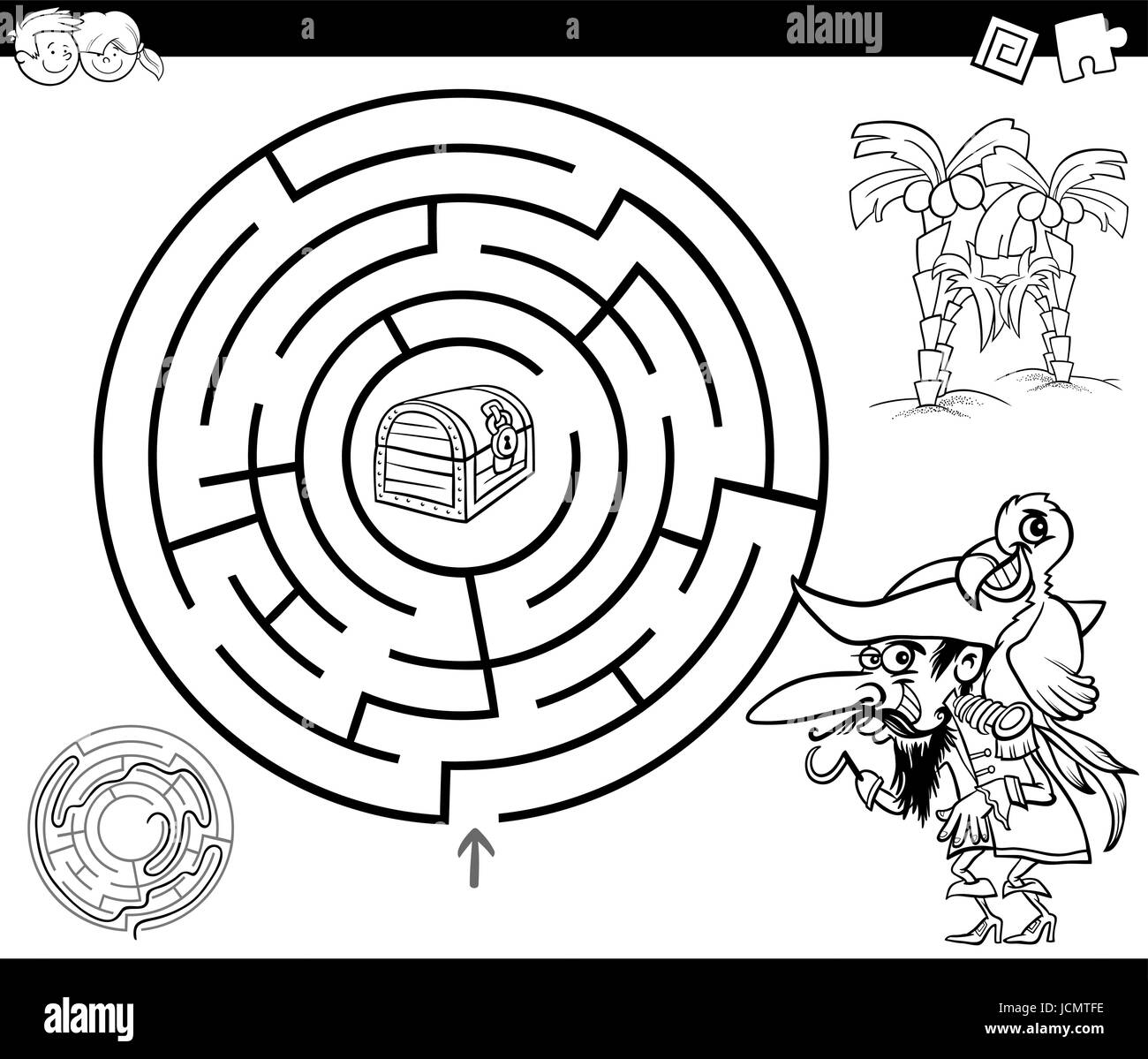 Illustration Cartoon noir et blanc de l'éducation ou de Labyrinthe Labyrinthe jeu pour les enfants avec le coffre au trésor des pirates et des coloriages Illustration de Vecteur