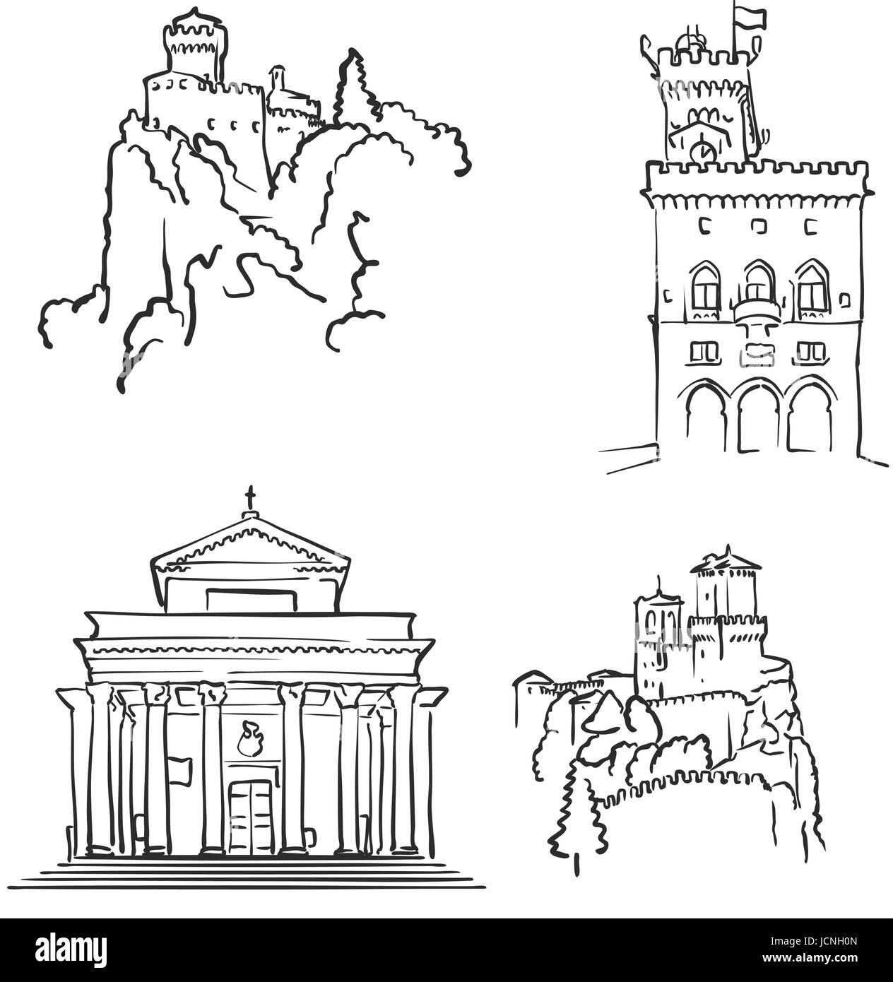 San Marino d'édifices célèbres, Monochrome décrit les points de repère, Scalable Vector Illustration Illustration de Vecteur