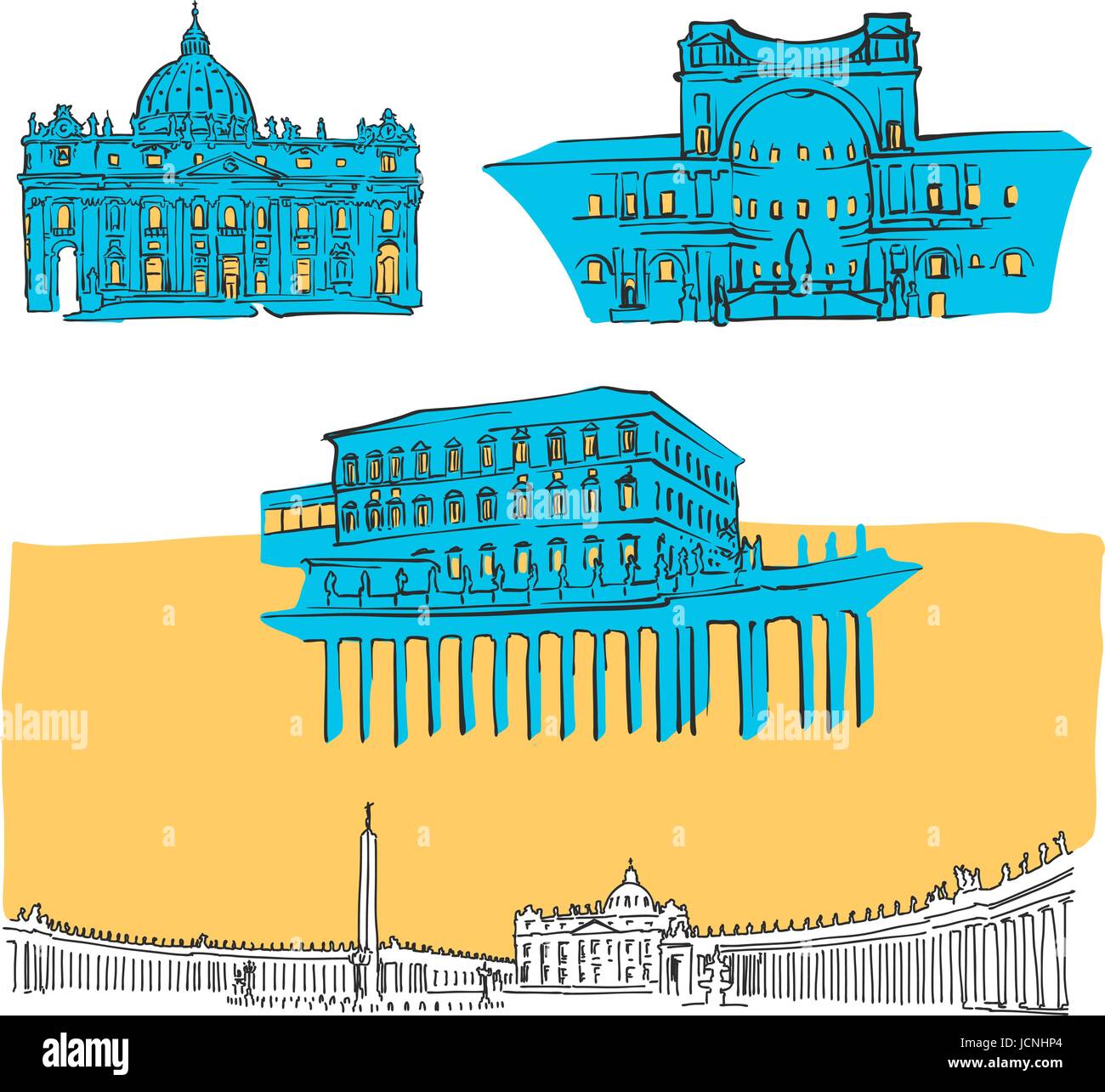 Repères de couleur du Vatican, Scalable Vector Monuments. Rempli de forme bleue et jaune. Illustration de Vecteur