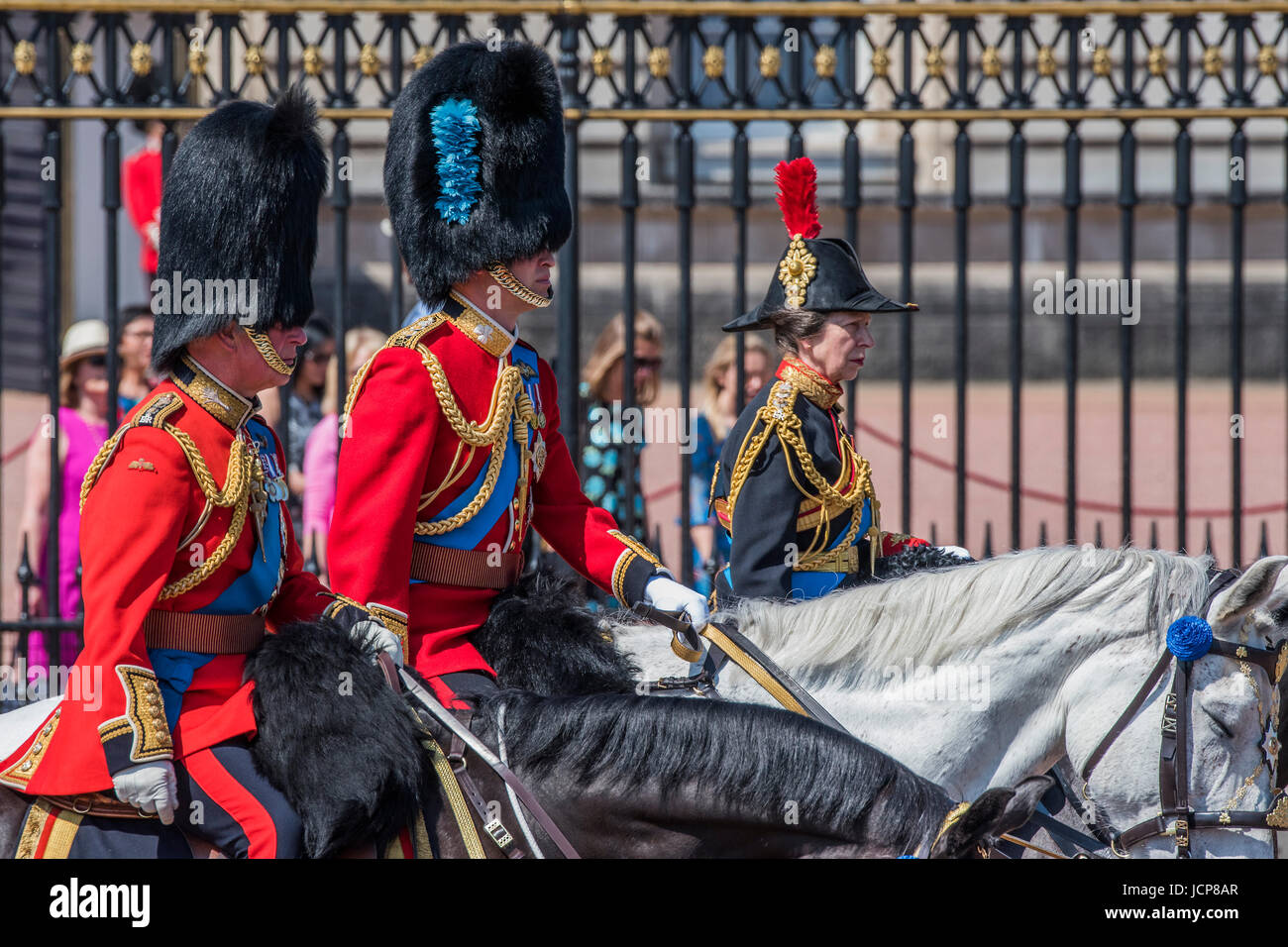 Londres, Royaume-Uni. 17 Juin, 2017. Parade la couleur par les Gardes irlandais sur l'anniversaire de la Reine Parade. L'imprimeur de la couleur est "Dépêche" en face de Sa Majesté la Reine et tous les colonels Royal. Son Altesse Royale le duc de Cambridge prend l'examen du Colonel pour la première fois sur Horse Guards Parade équestre cheval Wellesley. Les Gardes irlandais sont dirigées par leur célèbre mascotte wolfhound Donald Mormaer. Crédit : Guy Bell/Alamy Live News Banque D'Images