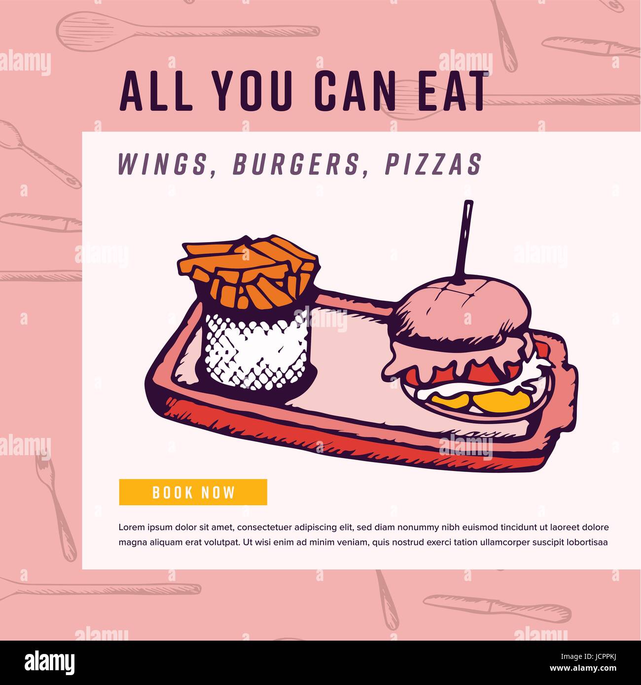Carte de souhaits avec burger et tout ce que vous pouvez manger text Illustration de Vecteur