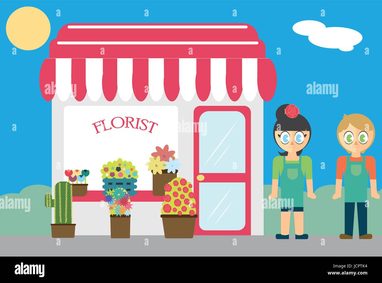 Un fleuriste, debout près de shop Illustration de Vecteur