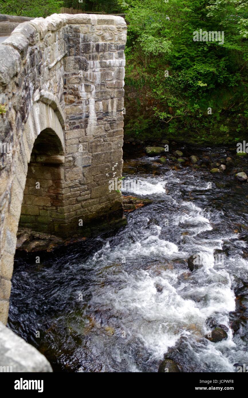 Nouveau pont, un pont médiéval classé Grade II, construit en 1413, enjambant la rivière Dart. Le Dartmoor, Devon, UK. Mai, 2017. Banque D'Images