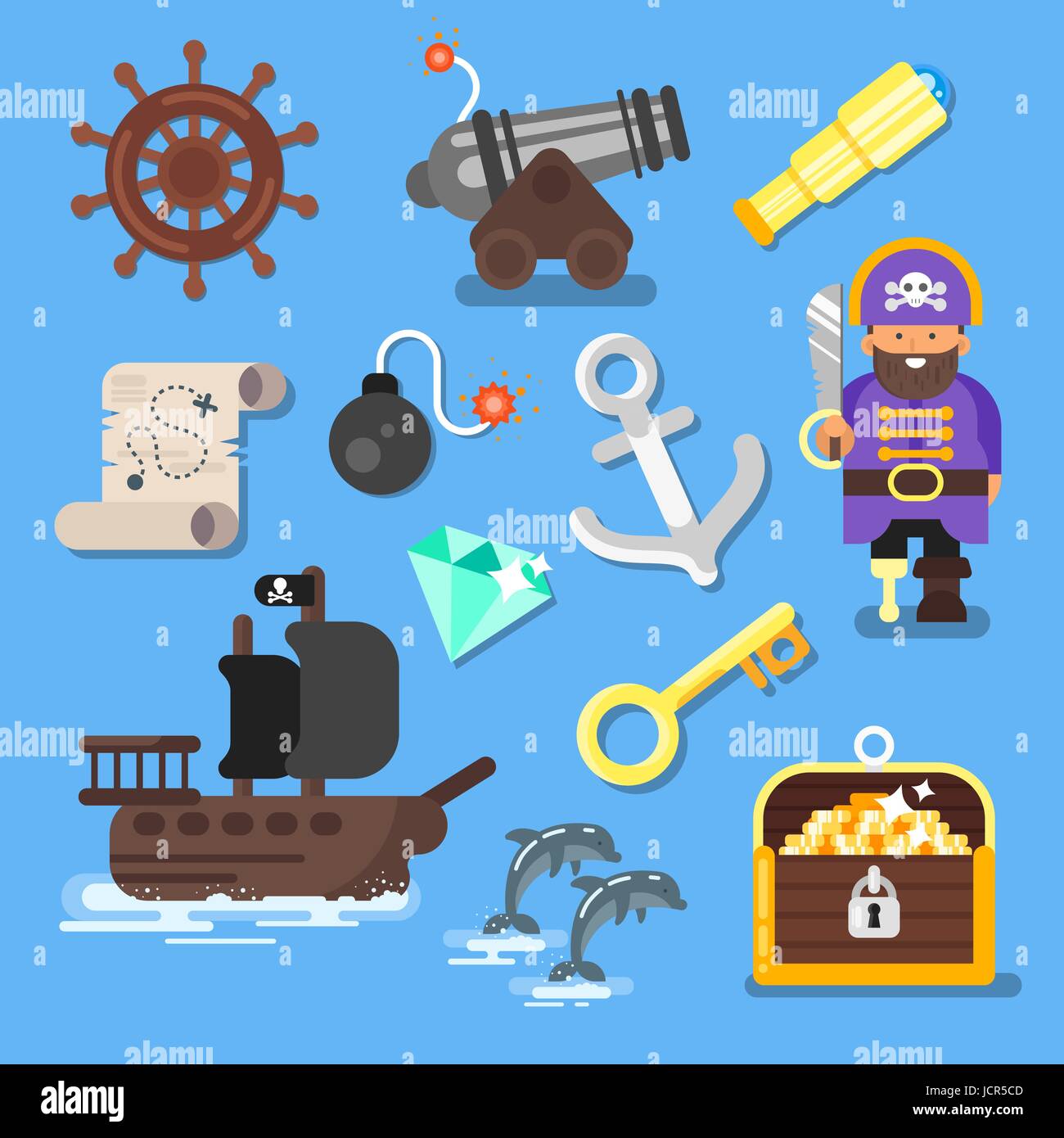 Télévision vecteur ensemble de style jeu icône : bateau de pirate, coffre au trésor, la carte. Isolé sur fond bleu. Illustration de Vecteur