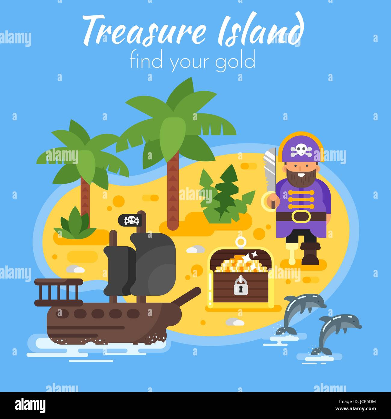 Vector illustration style plat de bateau de pirate, île et coffre à trésor. Illustration de Vecteur