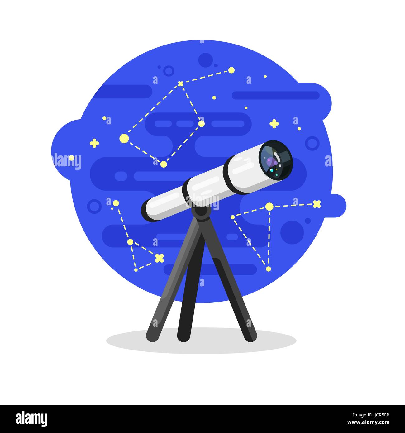 Vector illustration style plat de télescope et le ciel nocturne avec des constellations à l'arrière. Illustration de Vecteur