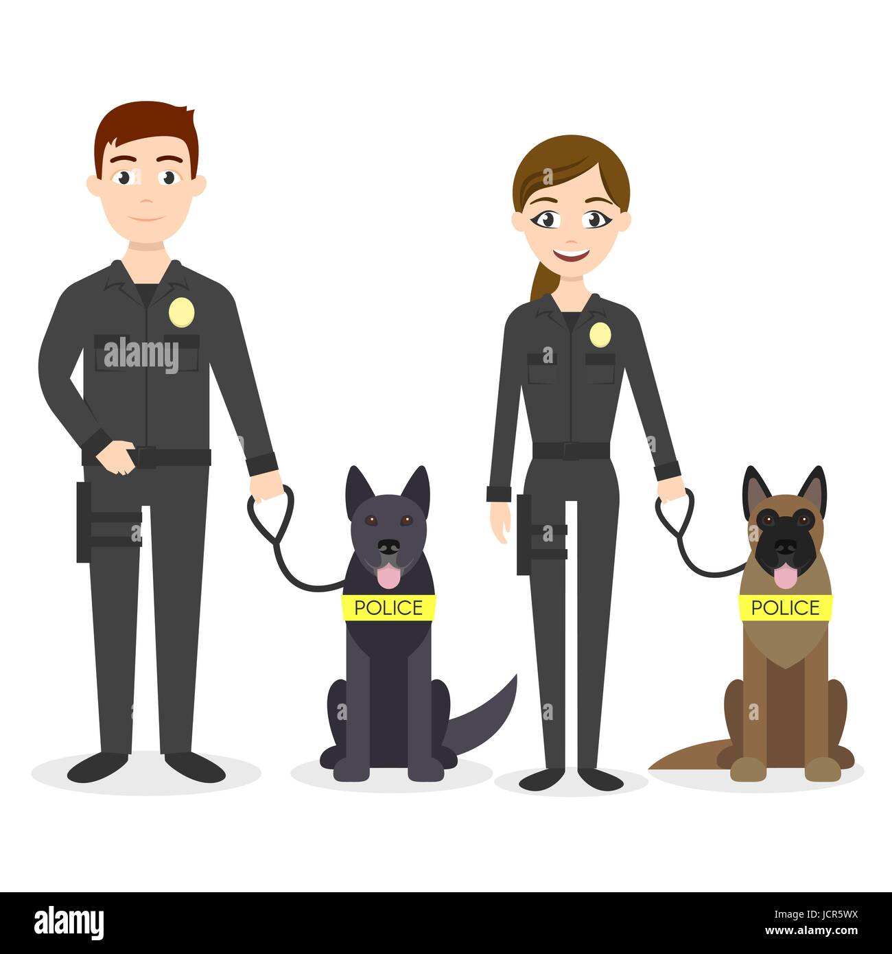 Les caractères vectoriels : deux jeunes officiers de police l'homme et de la femme avec leurs chiens policiers Illustration de Vecteur