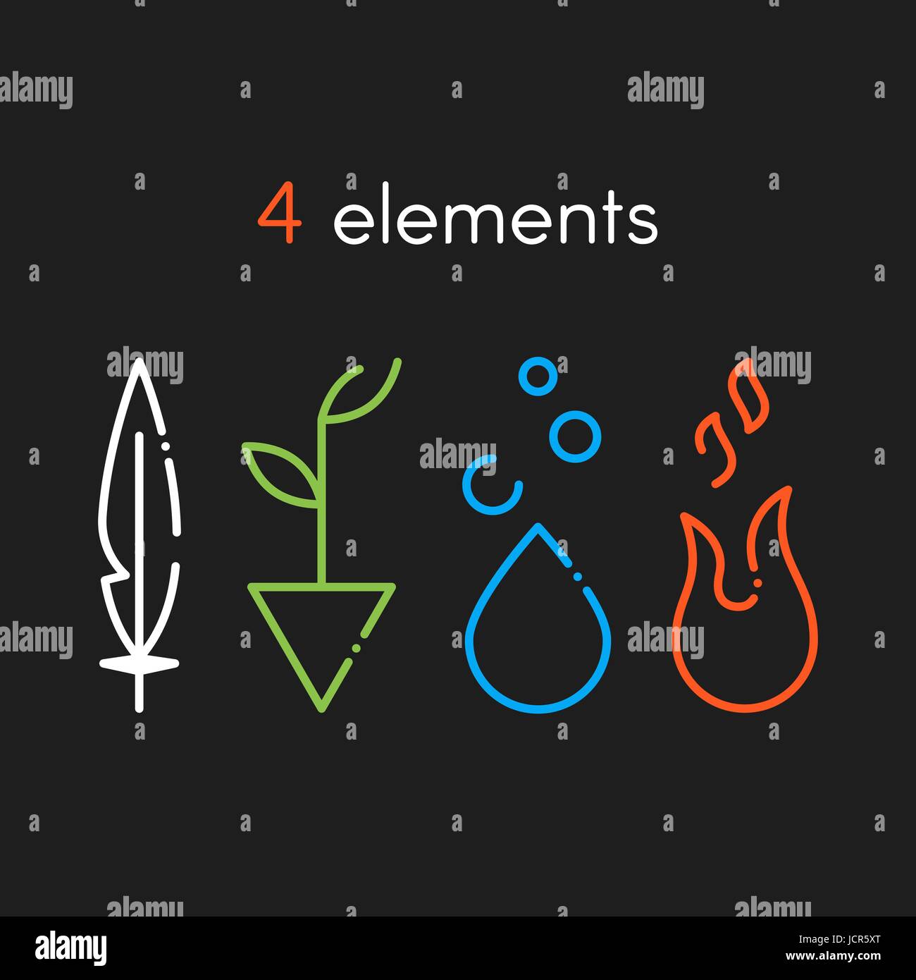 Nature vecteur éléments de base : Eau, Feu, Terre, Air. Icônes sur fond sombre Illustration de Vecteur