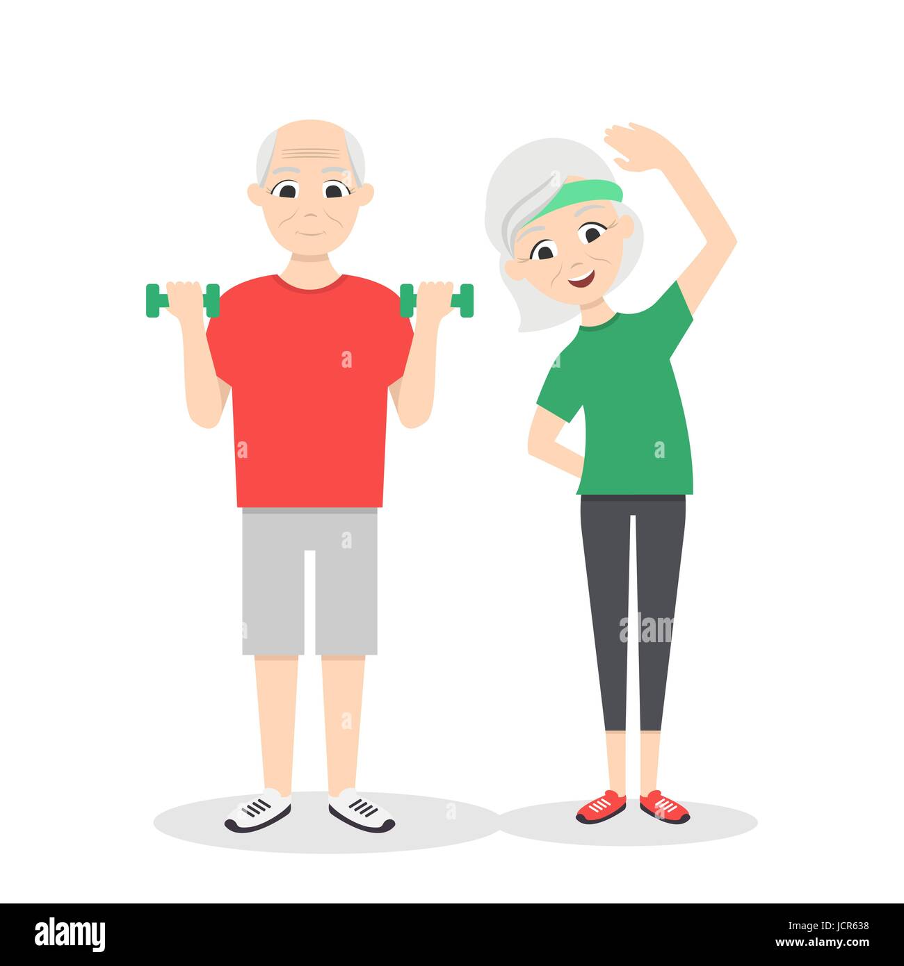 Vector actif, heureux et en santé, senior couple : caricature homme avec haltères vert et la femme de faire les exercices, isolé sur fond blanc. Télévision vector Illustration de Vecteur