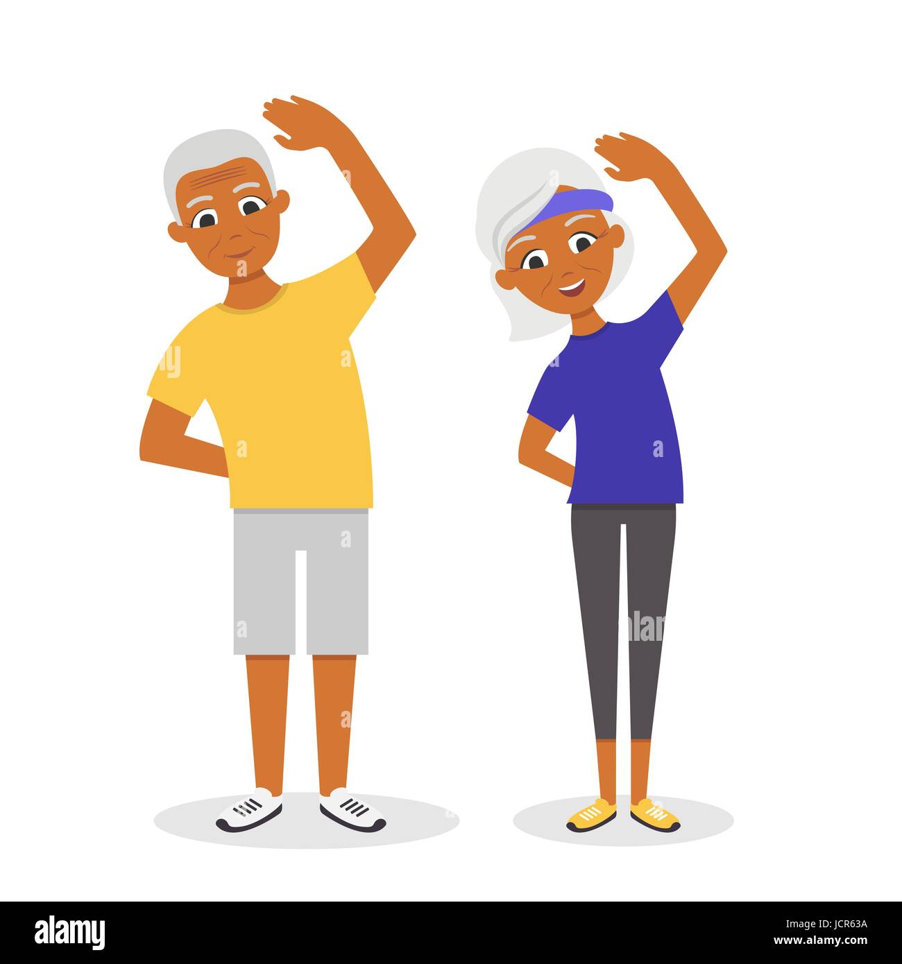 Vector actif, heureux et en santé, l'afro-américain senior couple : l'homme et de la femme de faire les exercices, isolé sur fond blanc. Télévision style vector. Illustration de Vecteur