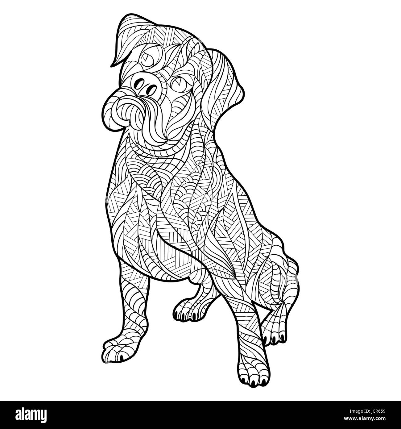 La main zentagle monochrome vecteur illustration de chien boxer. Coloriage avec détails haute isolé sur fond blanc. Illustration de Vecteur