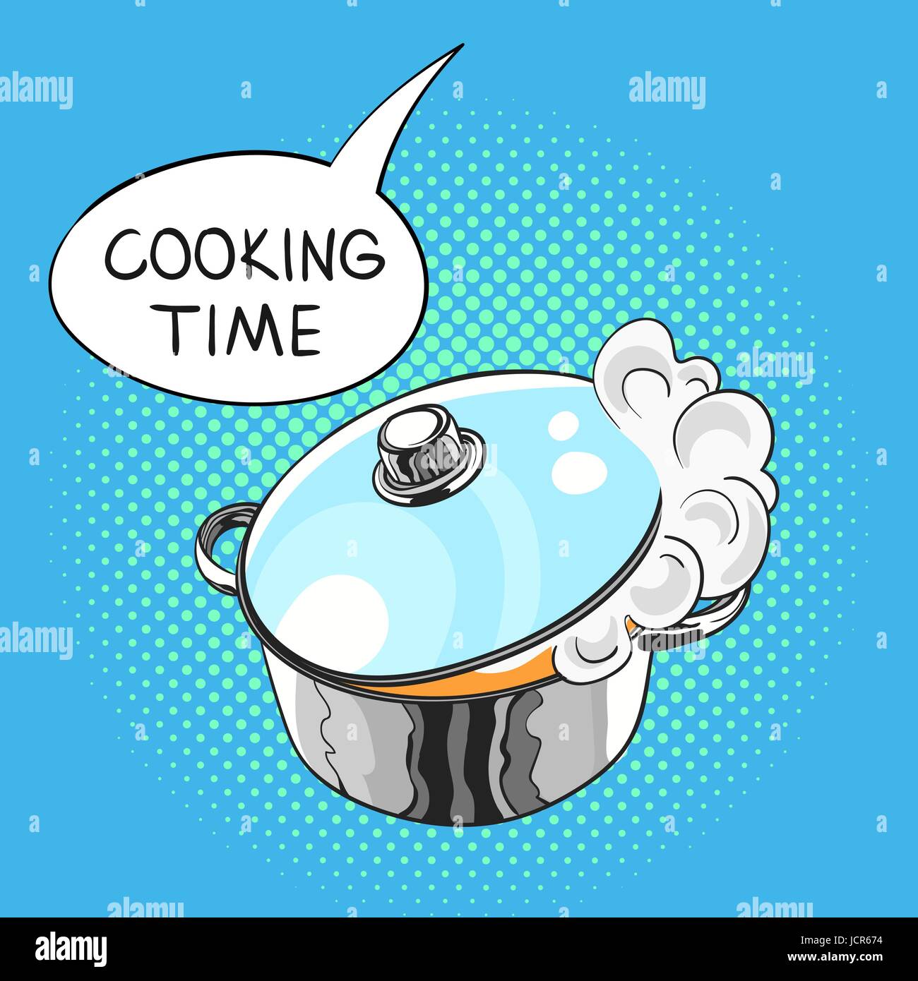 Vector hand drawn pop art illustration de poêle avec un bain à vapeur dégagé de la couvercle en verre. Bulle avec les mots "temps de cuisson" en lui. Retro sty Illustration de Vecteur