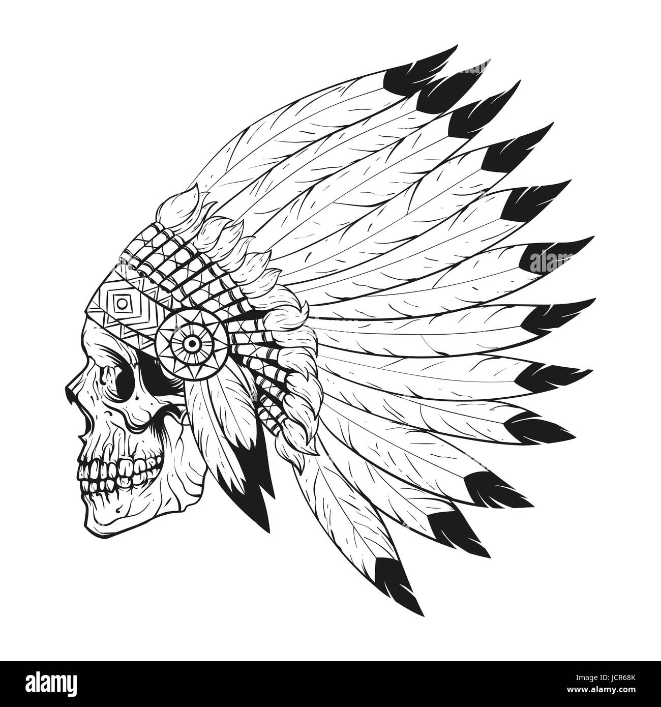 Vector illustration monochrome de crâne stylisé portant des native American war bonnet. Design pour un T-shirt ou un poster. Illustration de Vecteur