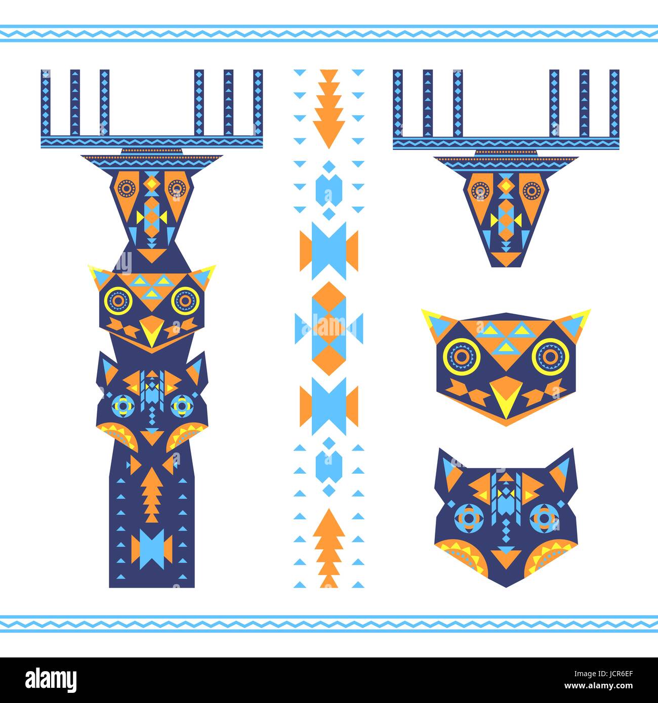 Vector illustration de totem tribal avec les chefs d'deer, Owl et le loup, animal d'icônes. Illustration de Vecteur