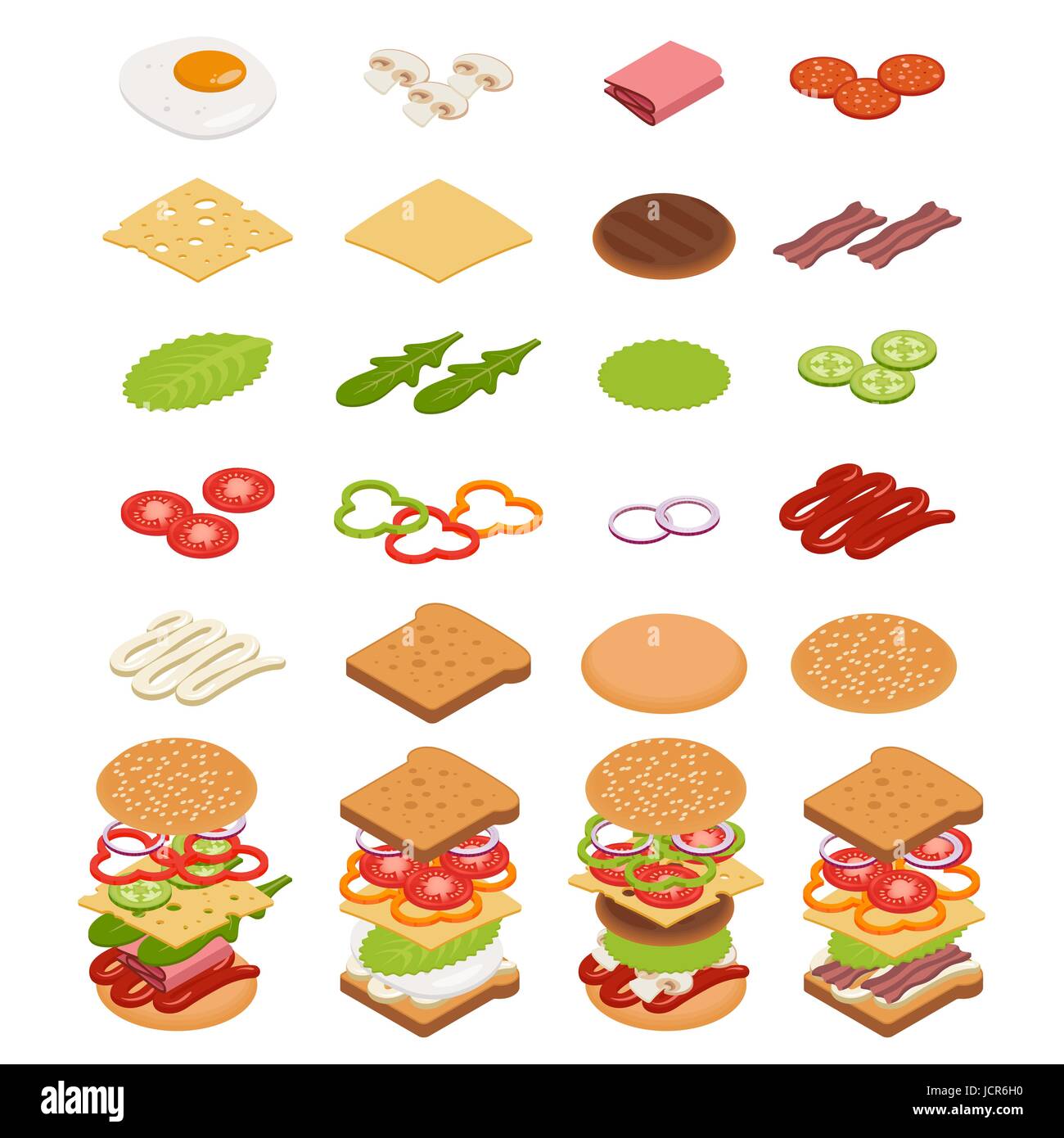 Vector set d'icônes isométrique. Ingrédients pour les hamburgers et les sandwiches. Œuf frit, oignons, boeuf, fromage, concombres et d'autres éléments pour créer des b Illustration de Vecteur