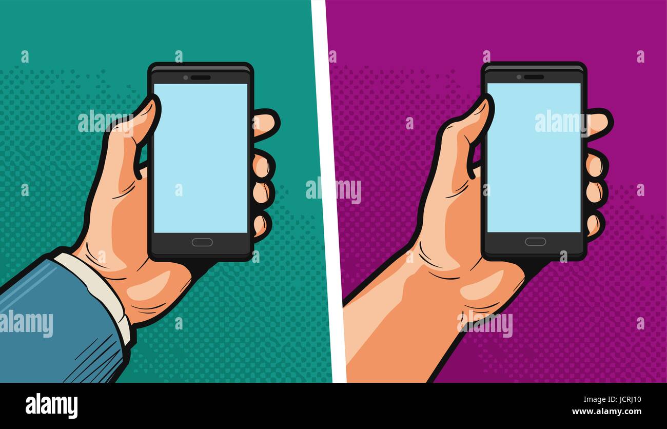 Smartphone, téléphone portable à la main. Comics style design. Cartoon vector illustration Illustration de Vecteur