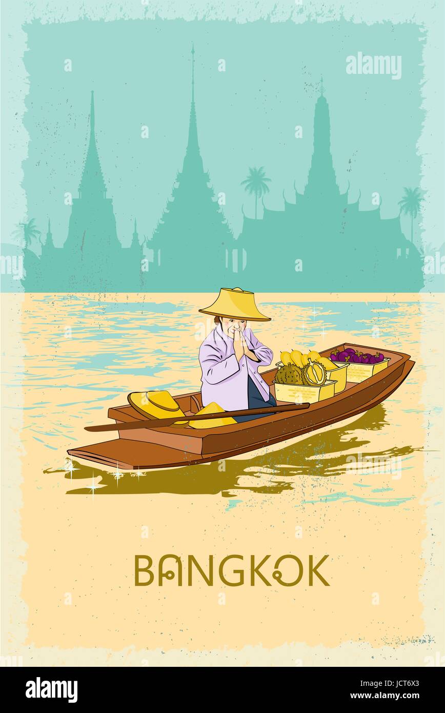 Femme vendeur dans le bateau sur le canal à Bangkok en Thaïlande pour accueillir les touristes - le pays du sourire. Poster rétro. Illustration de Vecteur