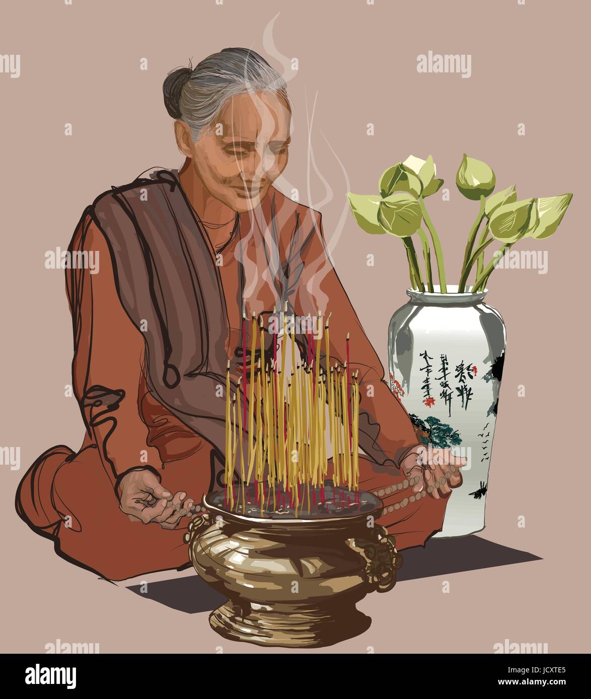 Femme en prière dans un temple bouddhiste - vector illustration Illustration de Vecteur
