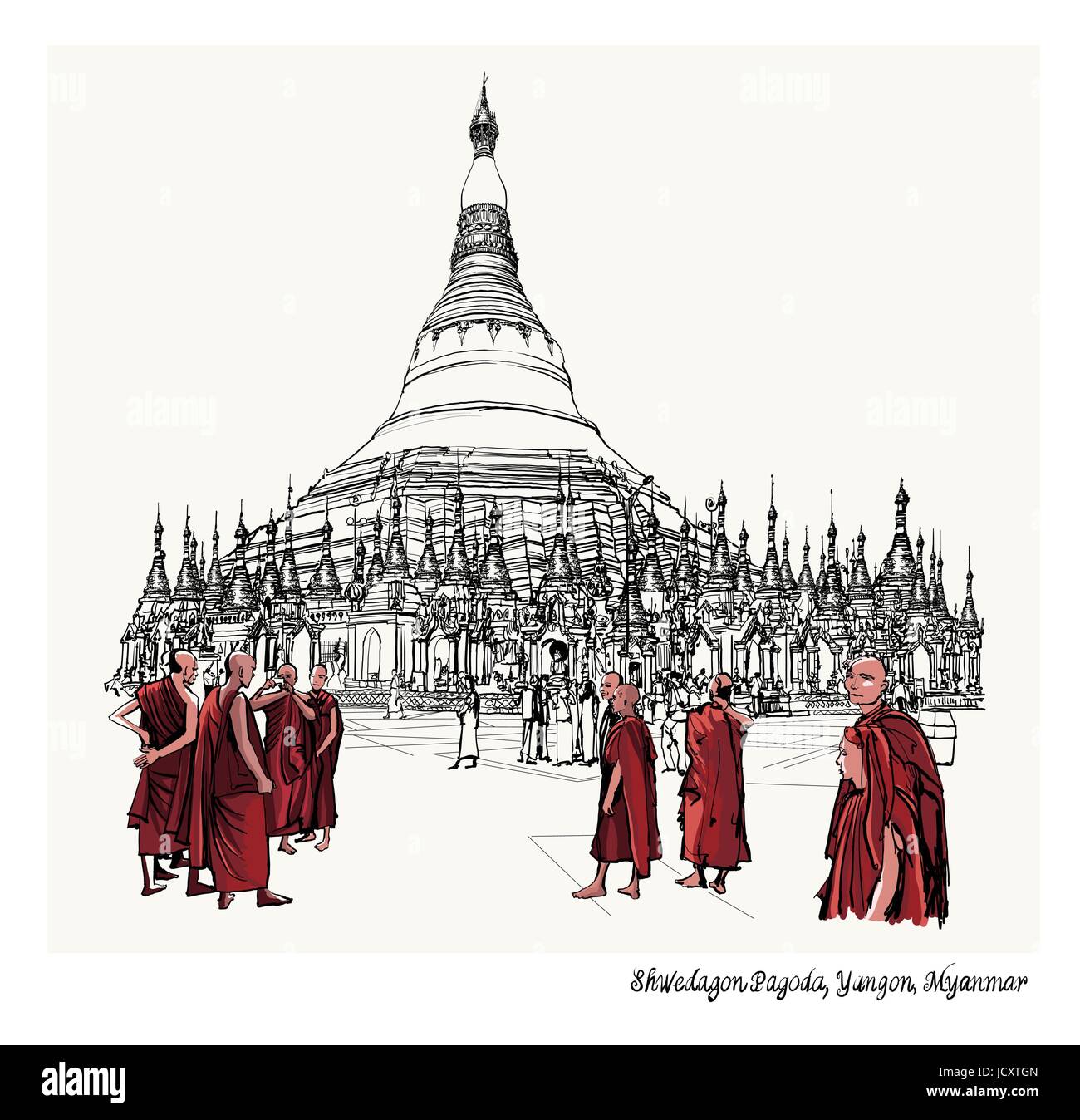 Yangon, Myanmar vue sur la Pagode Shwedagon - vector illustration Illustration de Vecteur