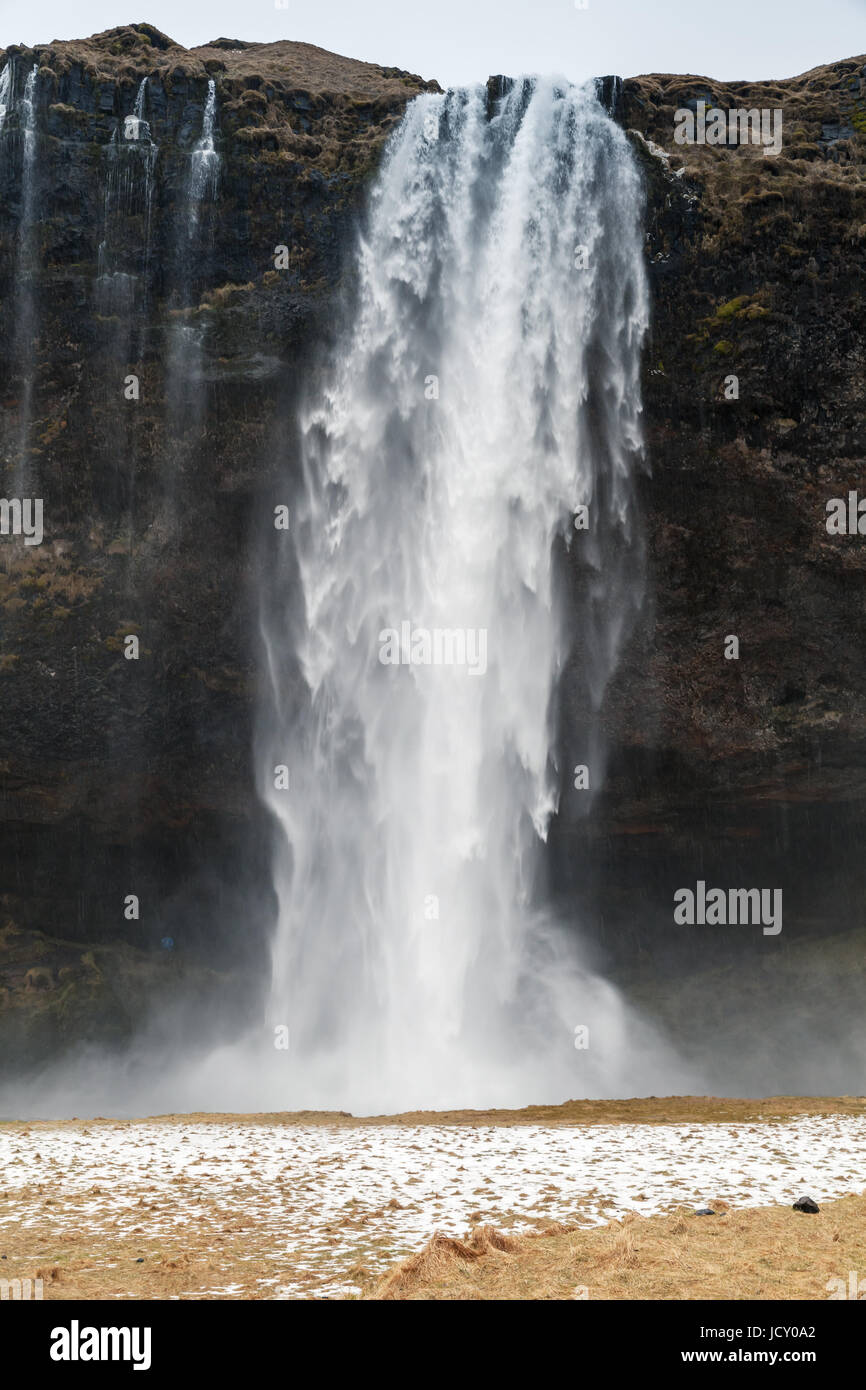 Paysage vertical de Seljalandfoss, cascade naturelle la populaires de la nature islandaise Banque D'Images