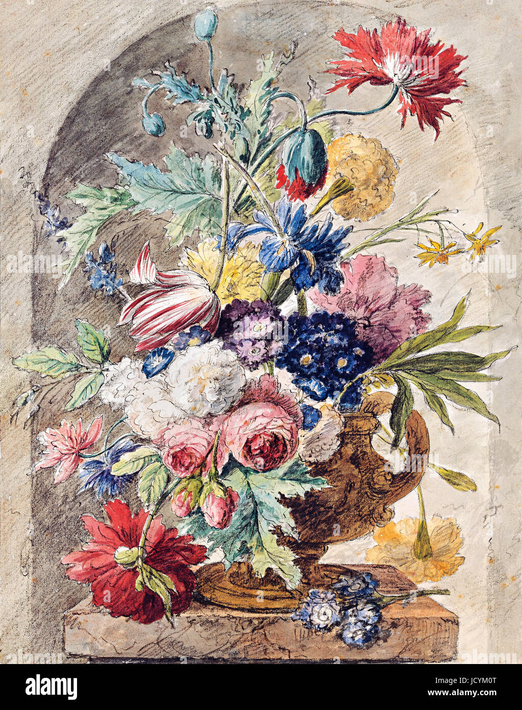 Jan van Huysum, Flower Still Life 1722 Huile sur panneau. Dimensions : craie noire, Plume, encre, aquarelle. Albertina, Vienne, Autriche. Banque D'Images