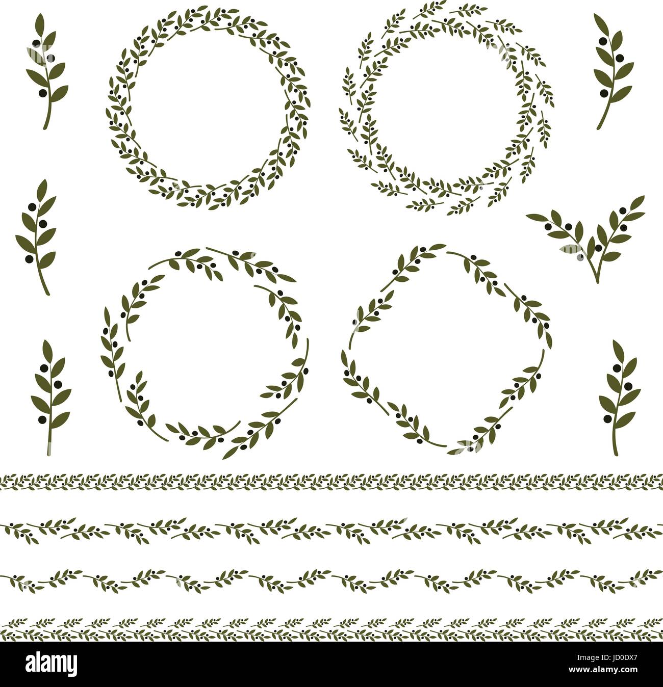 Ensemble de vecteur vert olive branch de l'emblème et l'ornement. L'huile d'Olives signe. Signe religieux grec. Icône mythologique.produits santé label. Cosmétiques biologiques Illustration de Vecteur