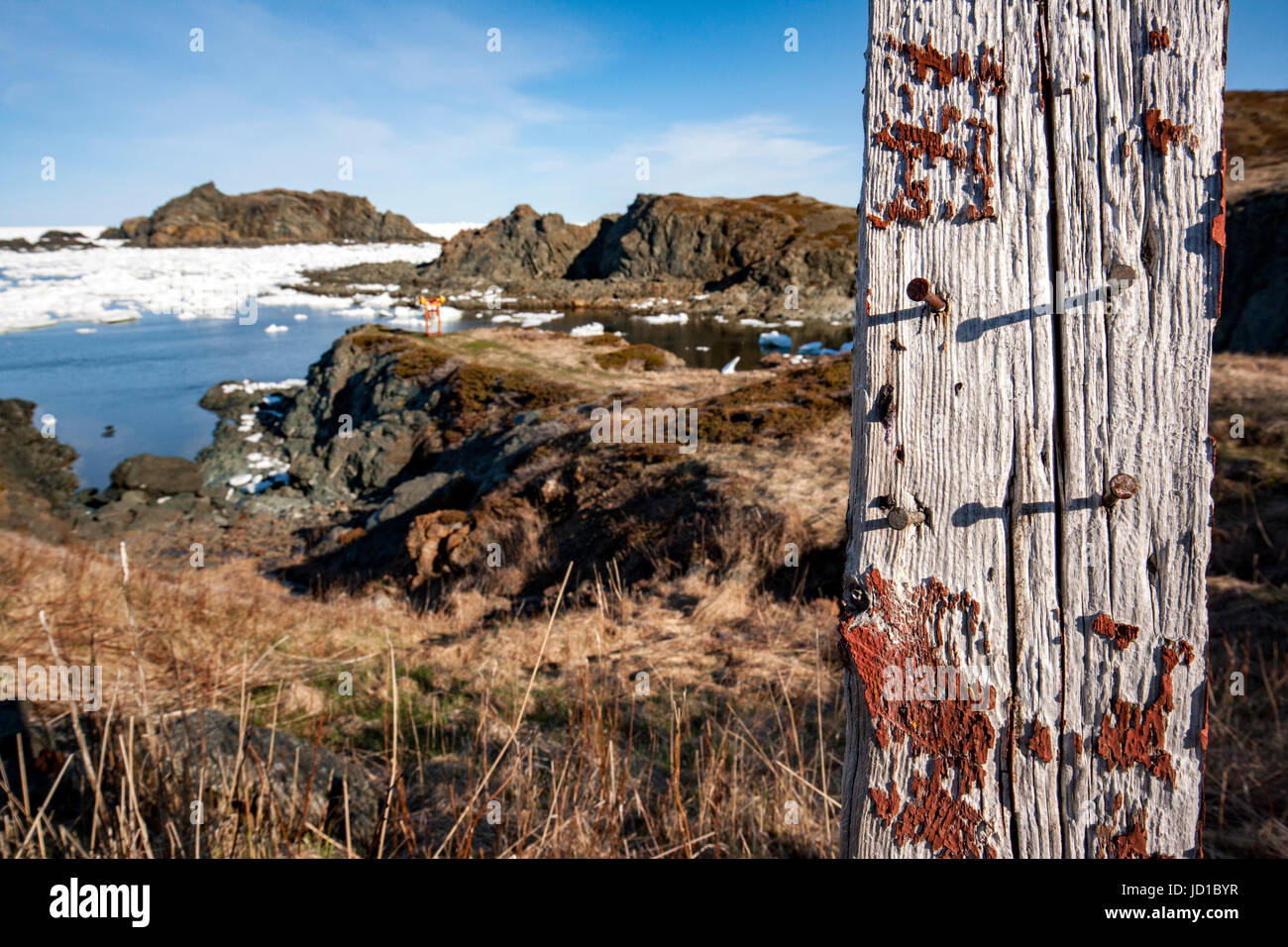 Vieux poteau de clôture Sleepy Cove - Crow Head, Twillingate, Newfoundland, Canada Banque D'Images