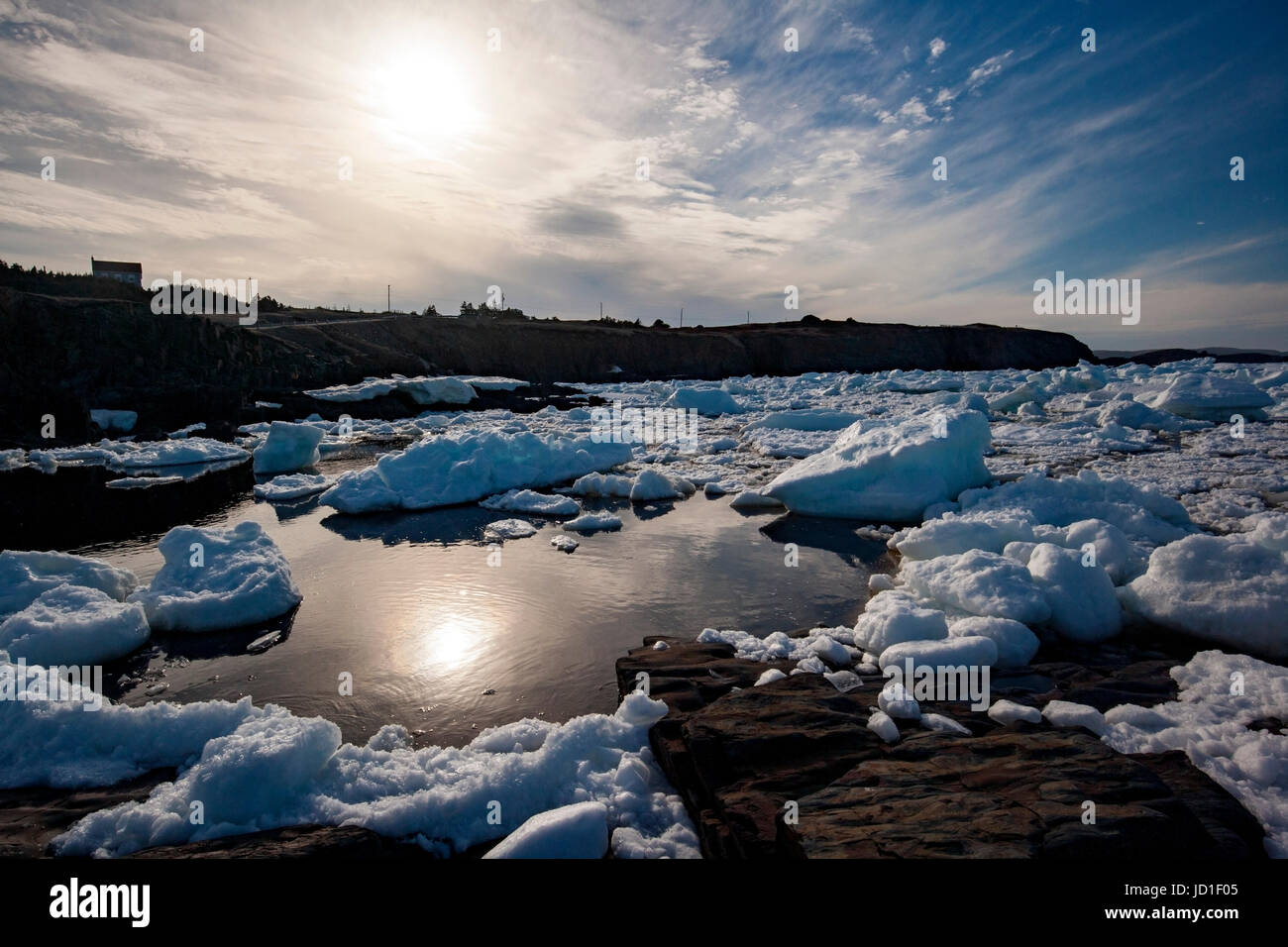 La glace de mer et soleil en réflexions Maberly, près d'Elliston sur Cap Bonavista, Terre-Neuve, Canada Banque D'Images