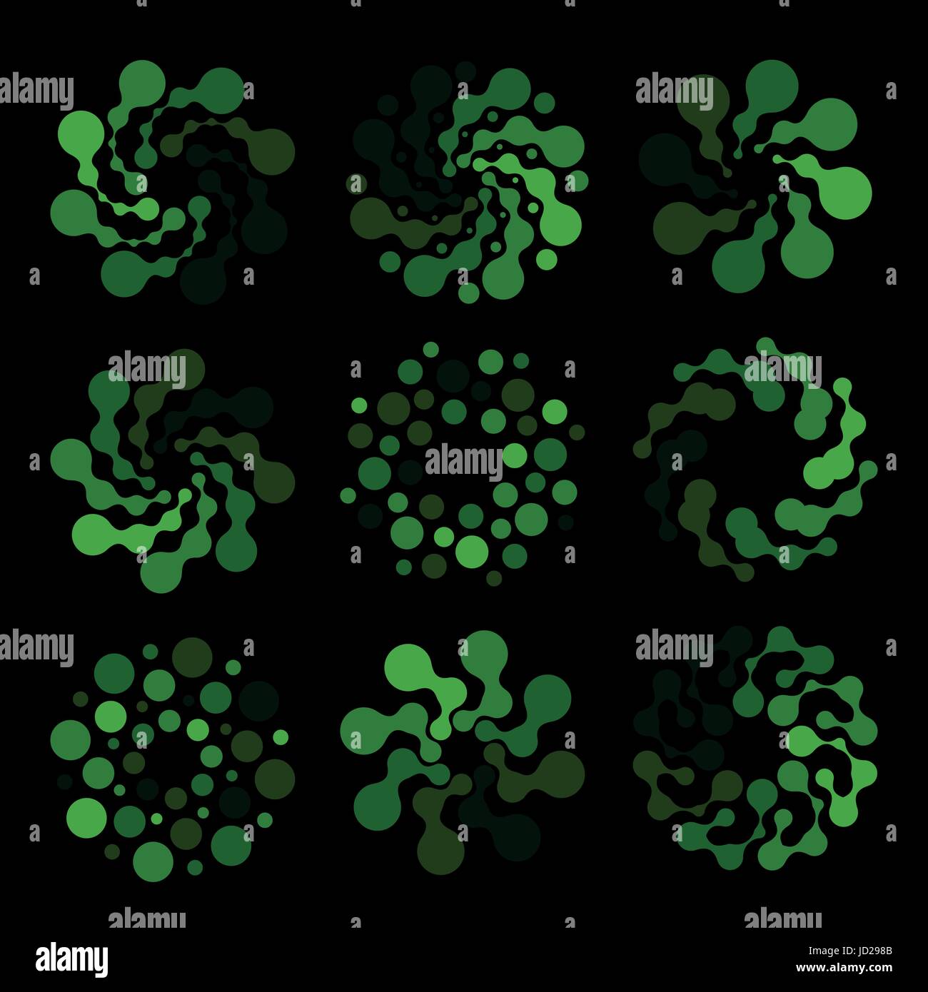 Résumé isolé forme ronde couleur vert logo sur fond noir, simple télévision parsemé de fleurs, logo swirl vector illustration. Illustration de Vecteur