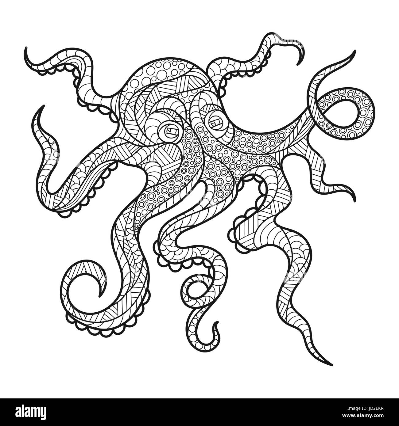 La main zentagle monochrome Vector illustration d'octopus. Coloriage avec détails haute isolé sur fond blanc. Style Boho. Design pour T- Illustration de Vecteur