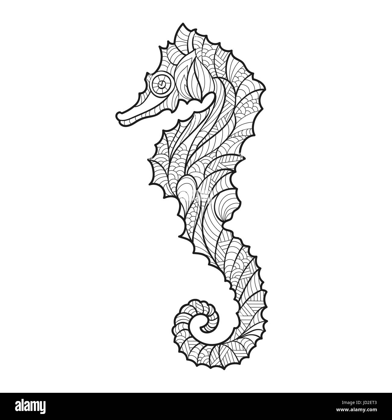 La main zentagle monochrome vecteur illustration de l'hippocampe. Coloriage avec détails haute isolé sur fond blanc. Style Boho. Design pour Illustration de Vecteur