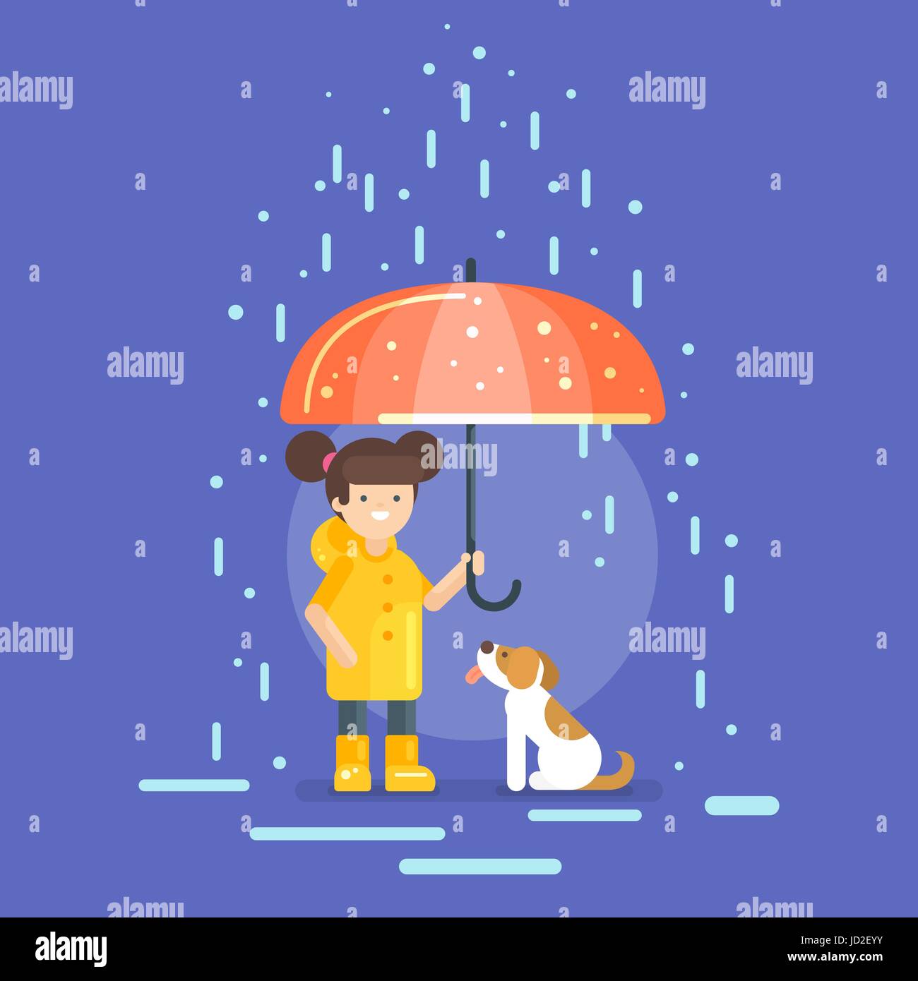 Vector illustration of smiling girl dans un imperméable jaune tenant un parapluie, la protection d'un chien de la pluie. Illustration de Vecteur