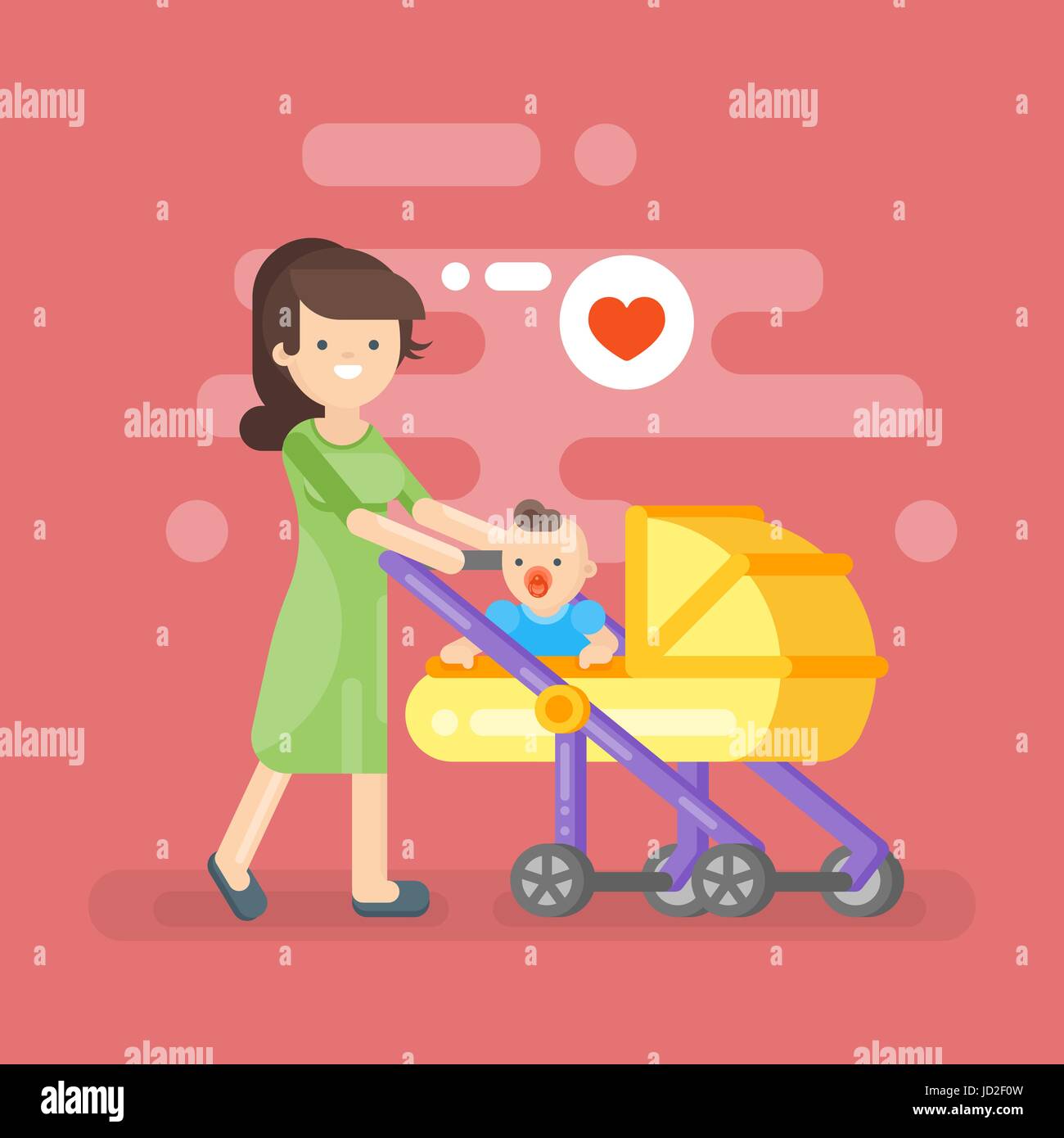 Vector illustration of happy mother s'occuper son enfant en poussette de bébé. Illustration de Vecteur