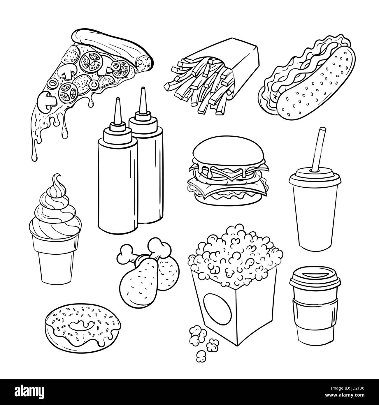 Vector hand drawn pop art ensemble monochrome du fast-food. Illustration de ketchup et moutarde, burger, cuisses de poulet, pizza et hot dog. Style rétro. Part Illustration de Vecteur