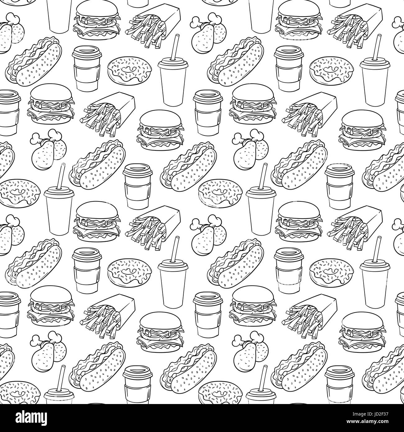 Vector hand drawn monochrome pop art restauration rapide. Illustration de burger, cuisses de poulet, et hot dog. Style rétro. Signe dessiné à la main. Illustration Illustration de Vecteur