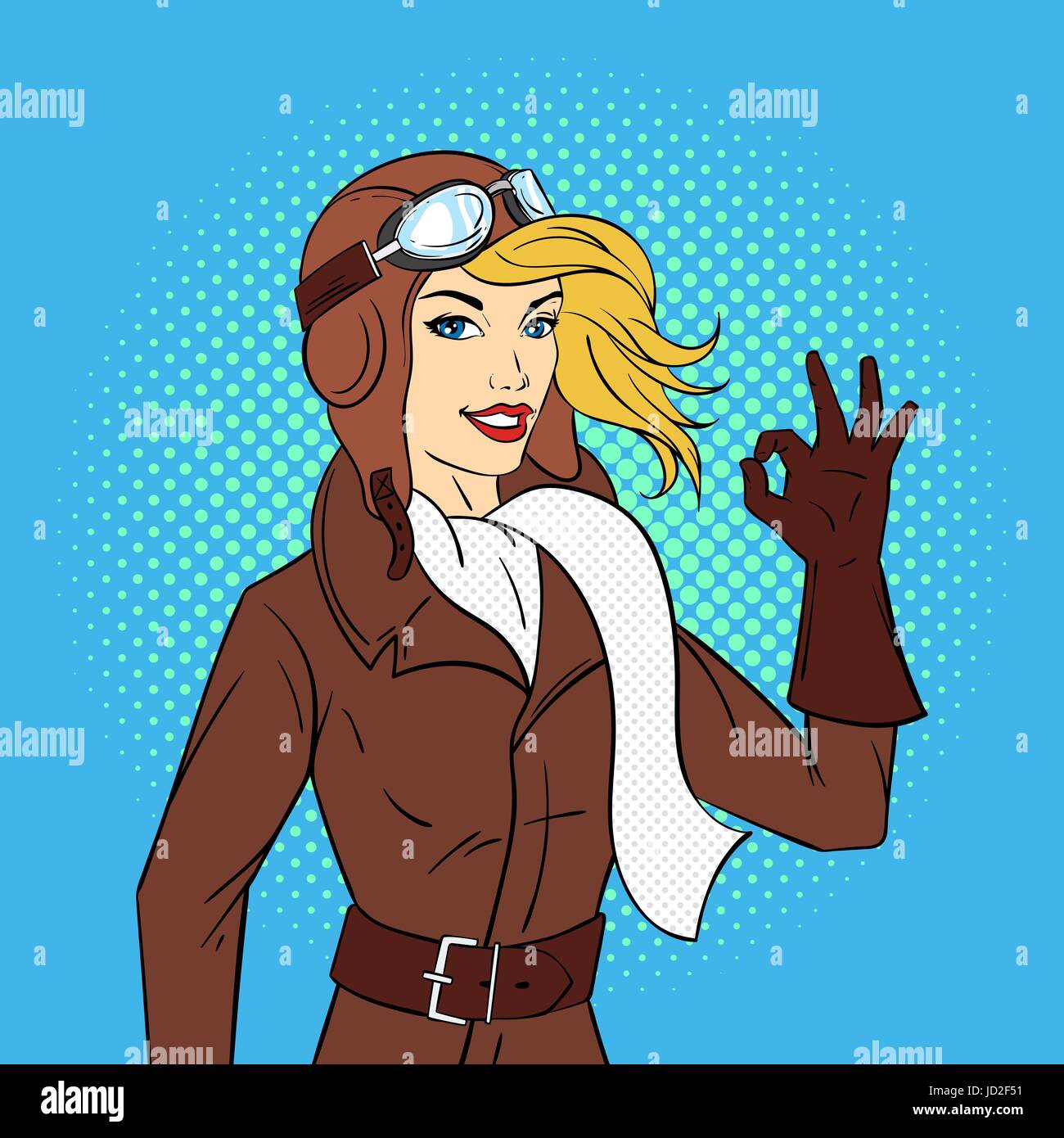 Vector hand drawn style pop art retro illustration de femme pilote. L'illustration pour la presse, Internet. Illustration de Vecteur