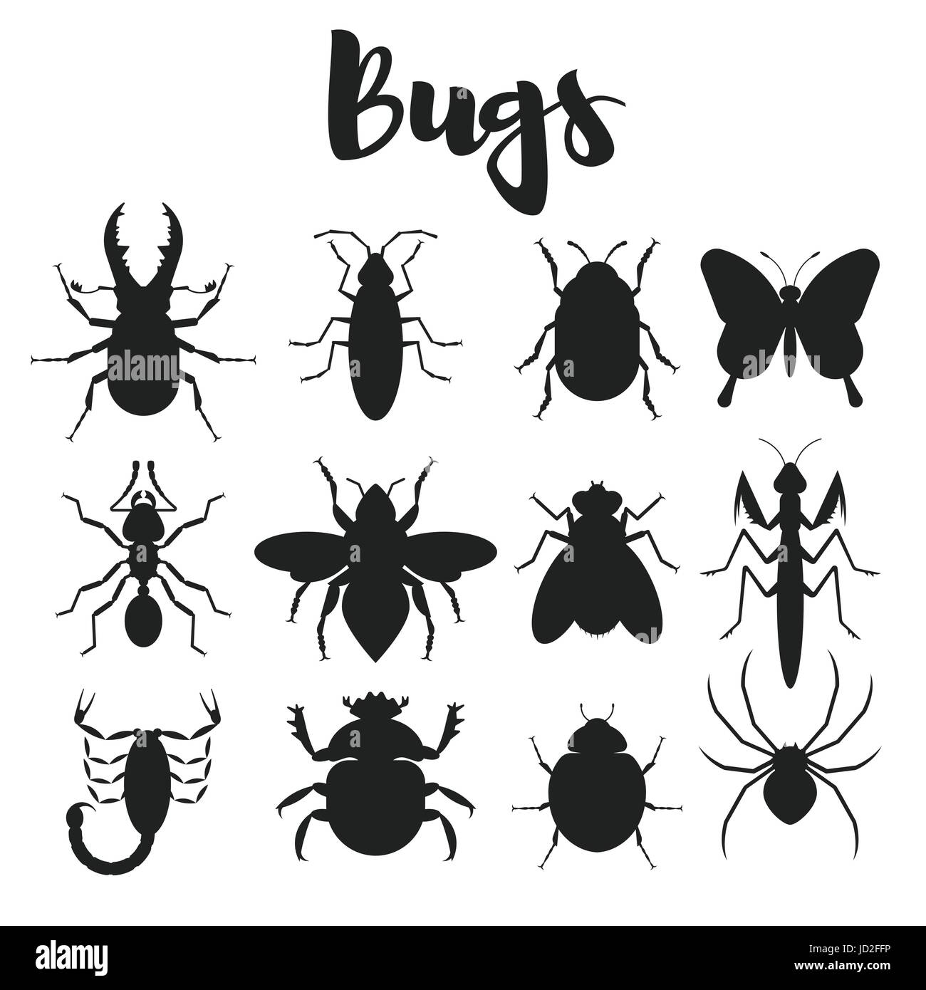 Ensemble de monochrome vecteur plusieurs bugs. Pour l'icône web. Silhouettes isolé sur fond blanc Illustration de Vecteur