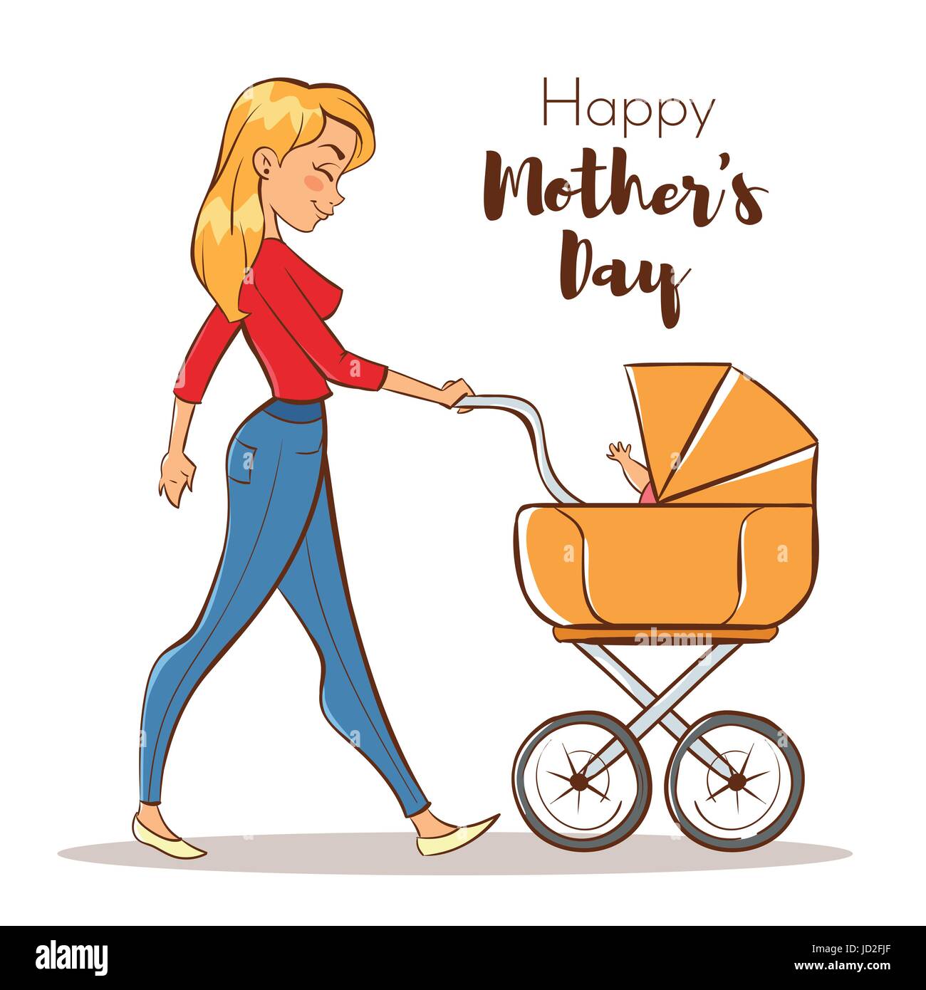 Vector illustration colorée à la main de mère heureuse avec une poussette de bébé. La fête des mères modèle de carte de vœux. Illustration de Vecteur