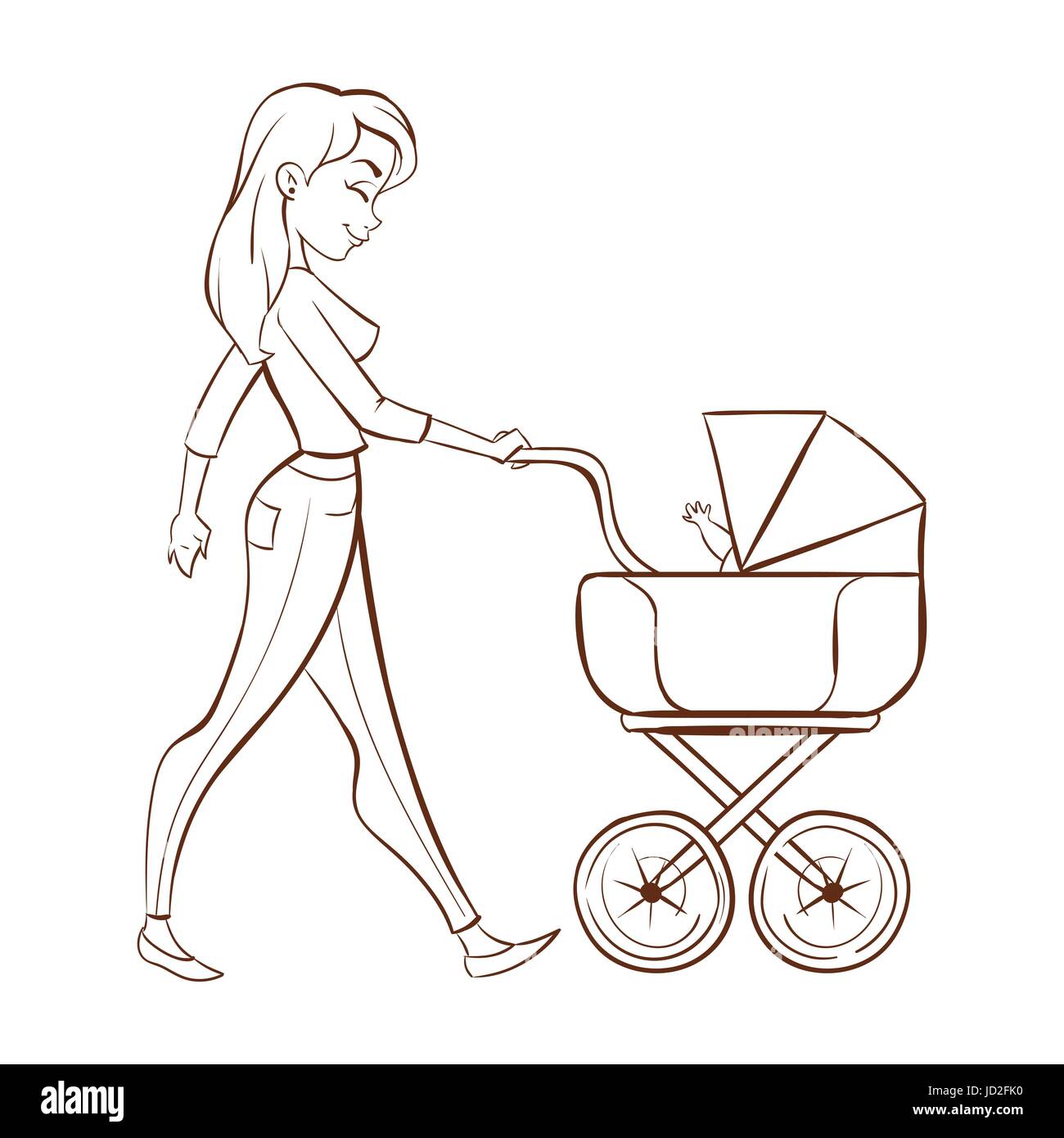 Vector illustration monochrome dessiné à la main de mère heureuse avec une poussette de bébé. Illustration de Vecteur
