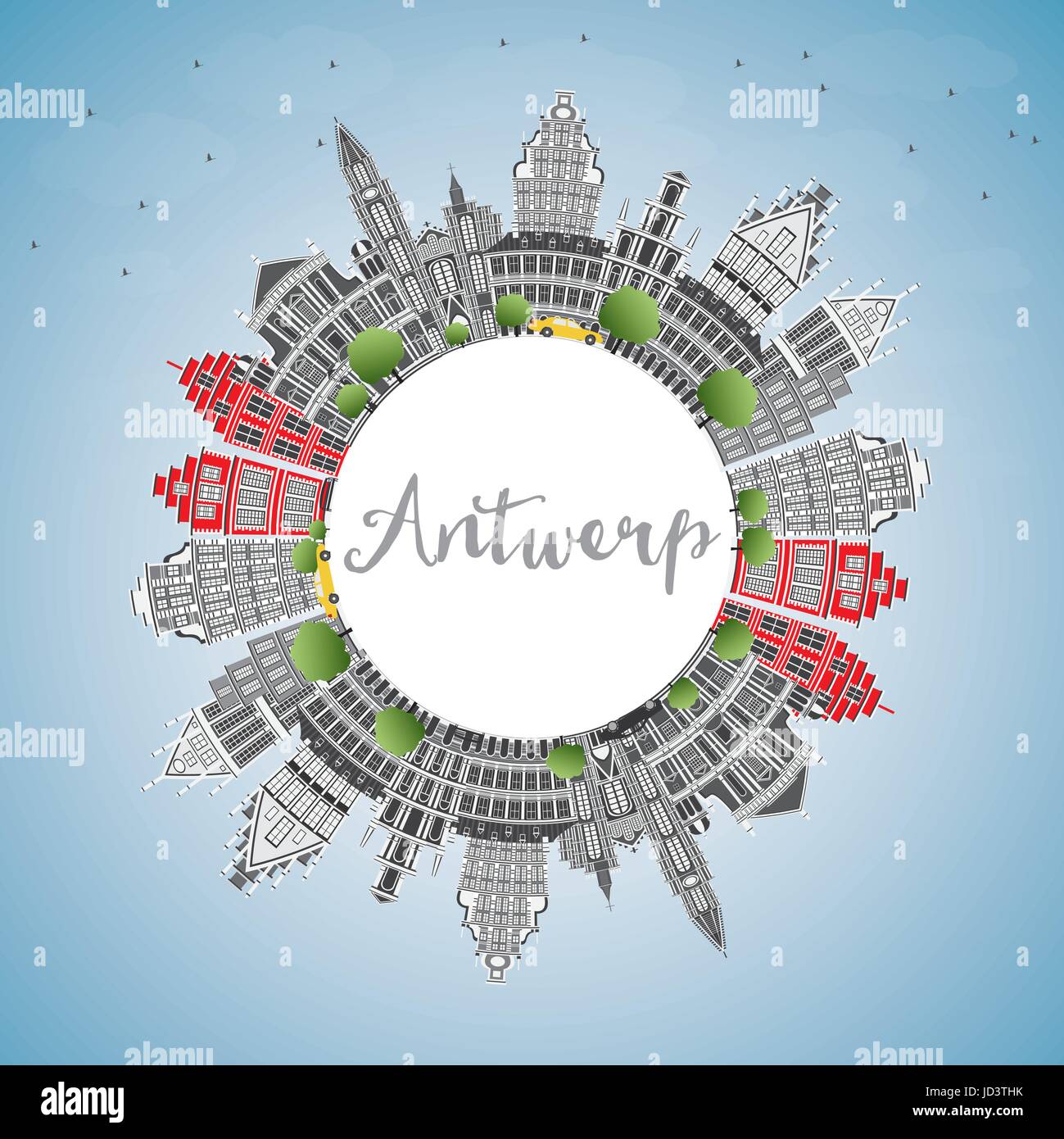 Anvers Skyline avec bâtiments gris, ciel bleu et copier l'espace. Vector Illustration. Les voyages d'affaires et tourisme Concept avec l'architecture historique. Illustration de Vecteur