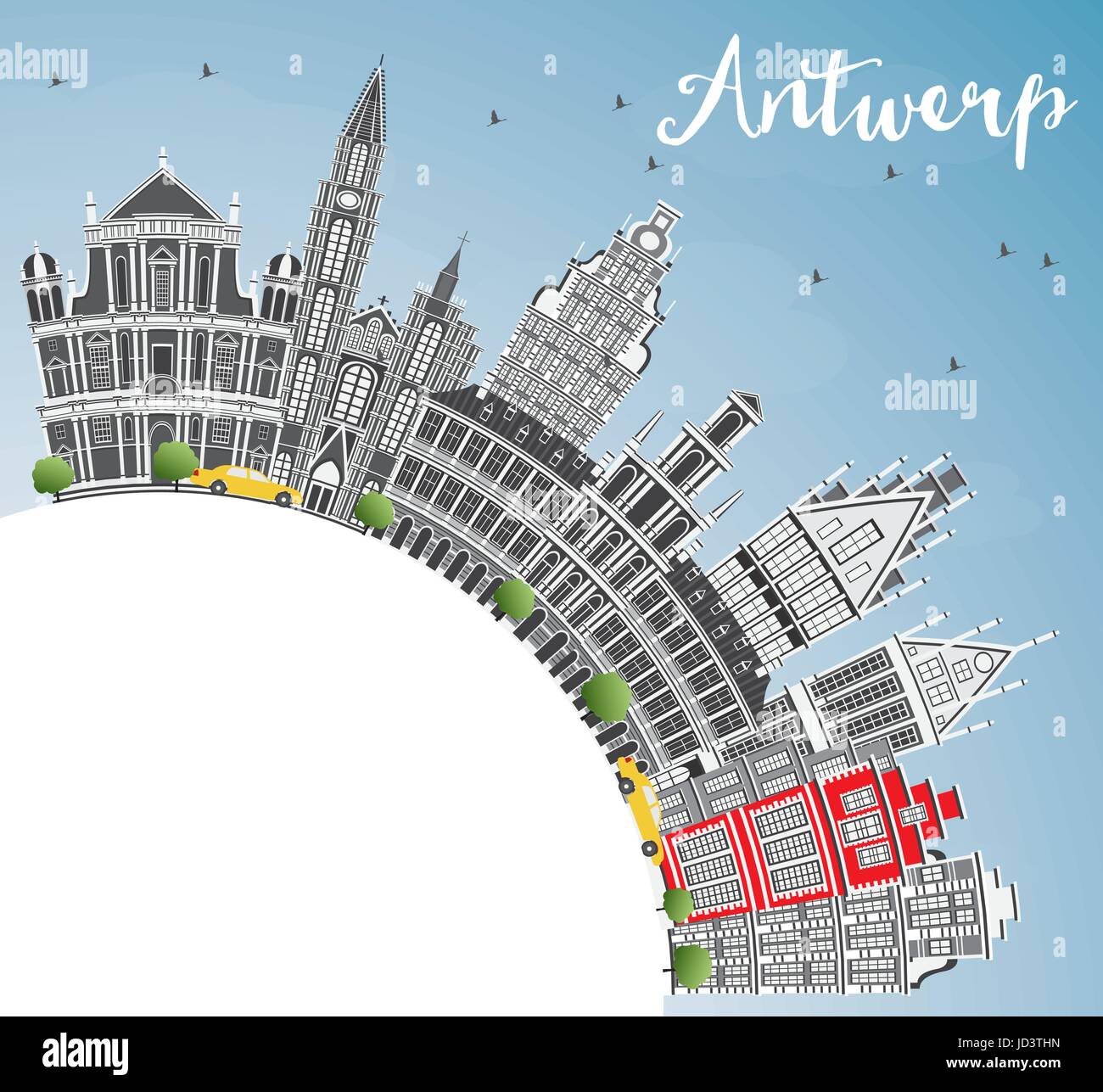 Anvers skyline avec bâtiments gris, bleu ciel et espace copie. vector illustration. Les voyages d'affaires et tourisme concept avec l'architecture historique. Illustration de Vecteur