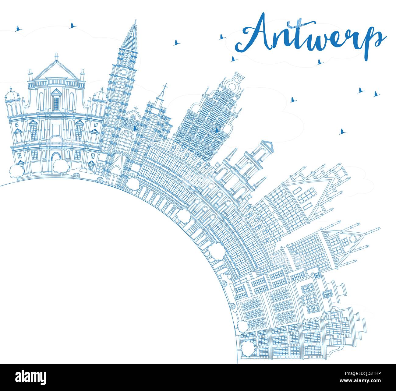 Anvers contour bleu horizon avec les bâtiments et l'espace de copie. vector illustration. Les voyages d'affaires et tourisme concept avec l'architecture historique. Illustration de Vecteur